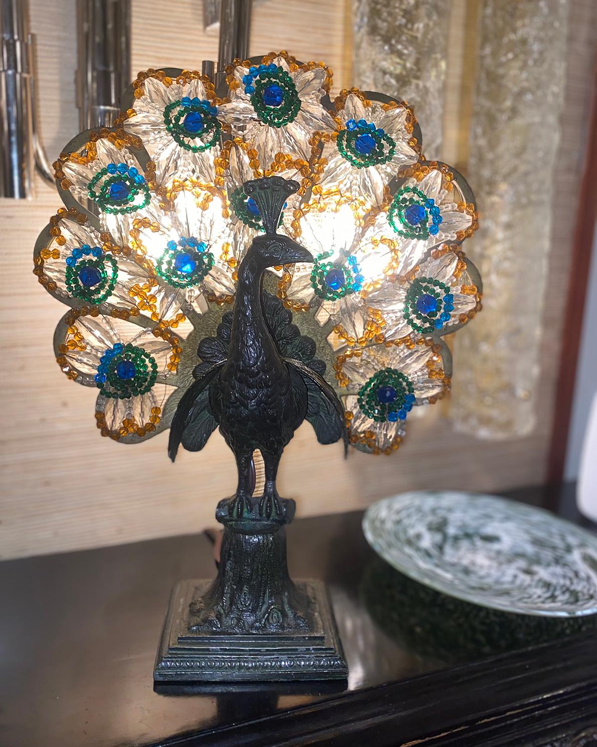 Metal Crystal Peacock Table Lamp For Sale