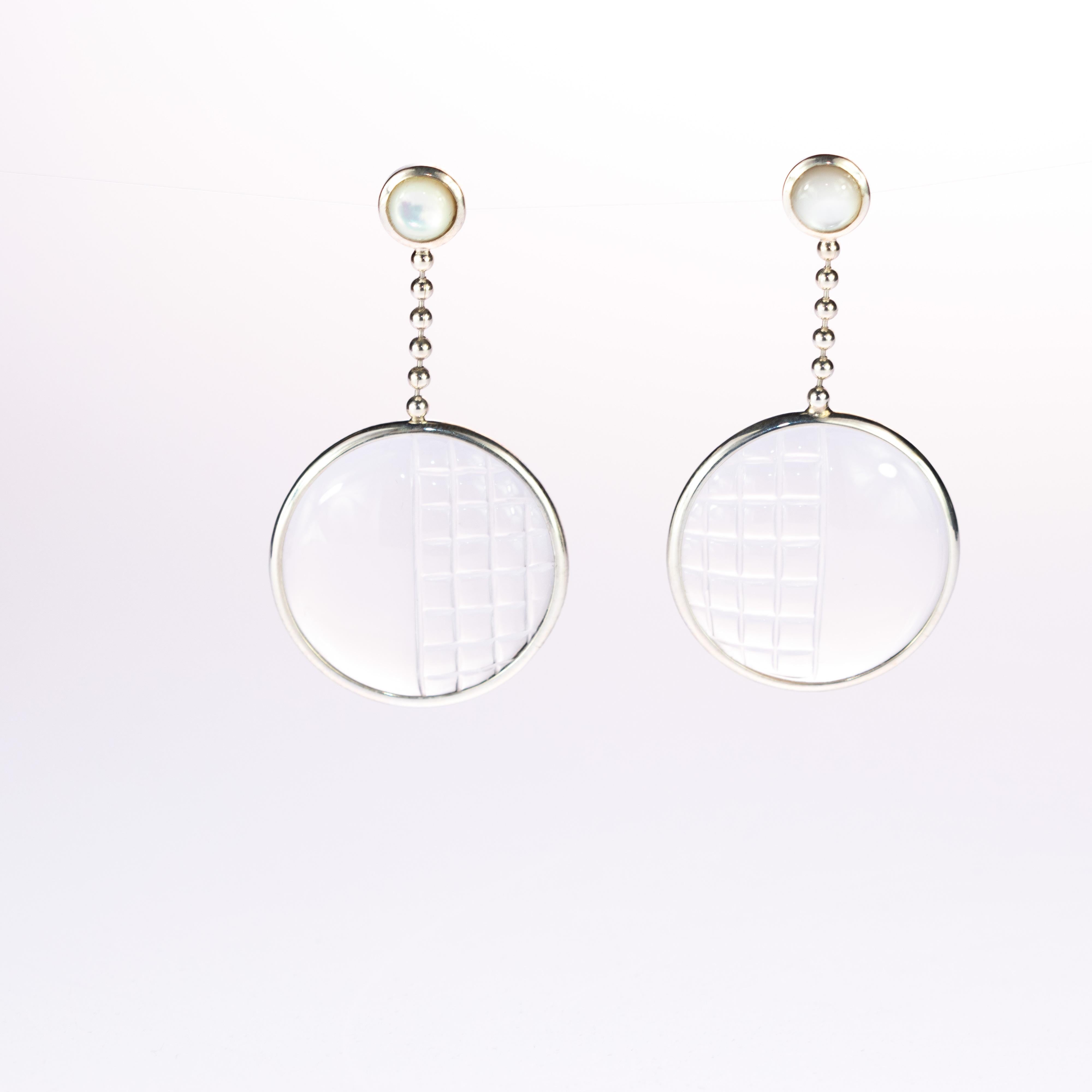 Crystal Pearl Round 925 Sterling Silver Long Circle Woven Cocktail Earrings In New Condition In Milano, IT