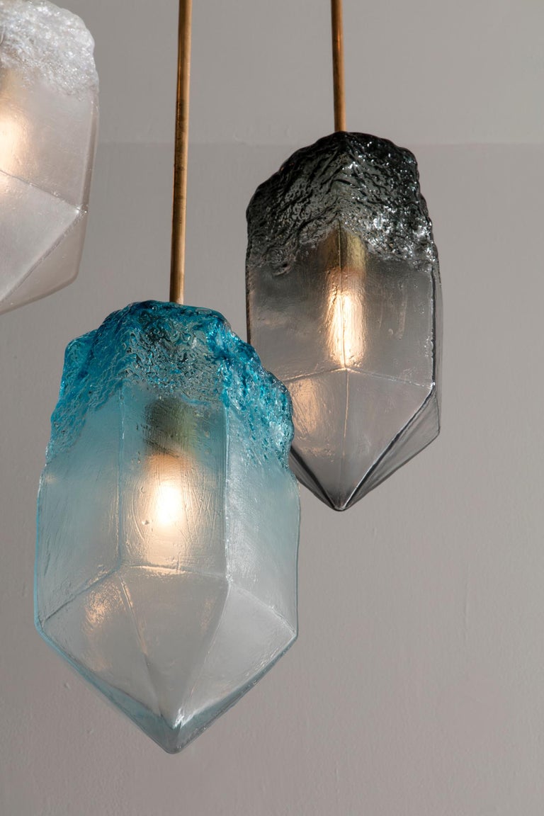 "Crystal" Pendant Light in Blue Hand Blown Glass by Jeff Zimmerman For