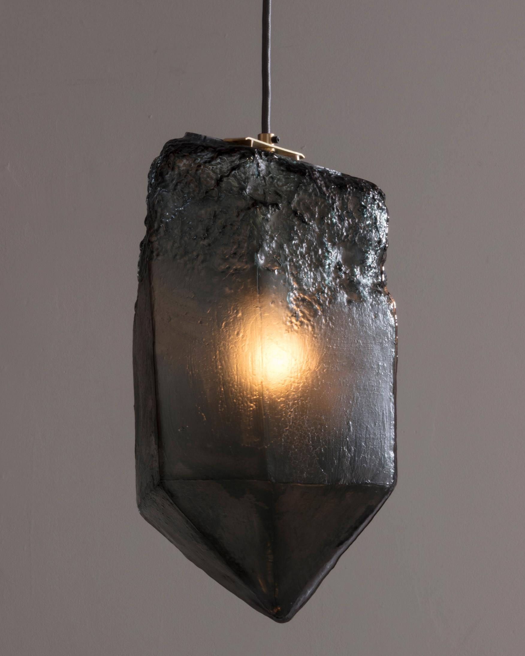 Modern Crystal Pendant Light in Gray Hand Blown Glass by Jeff Zimmerman, 2017 For Sale