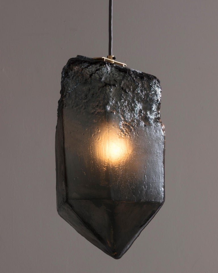 Modern Crystal Pendant Light in Grey Hand Blown Glass by Jeff Zimmerman, 2017 For Sale