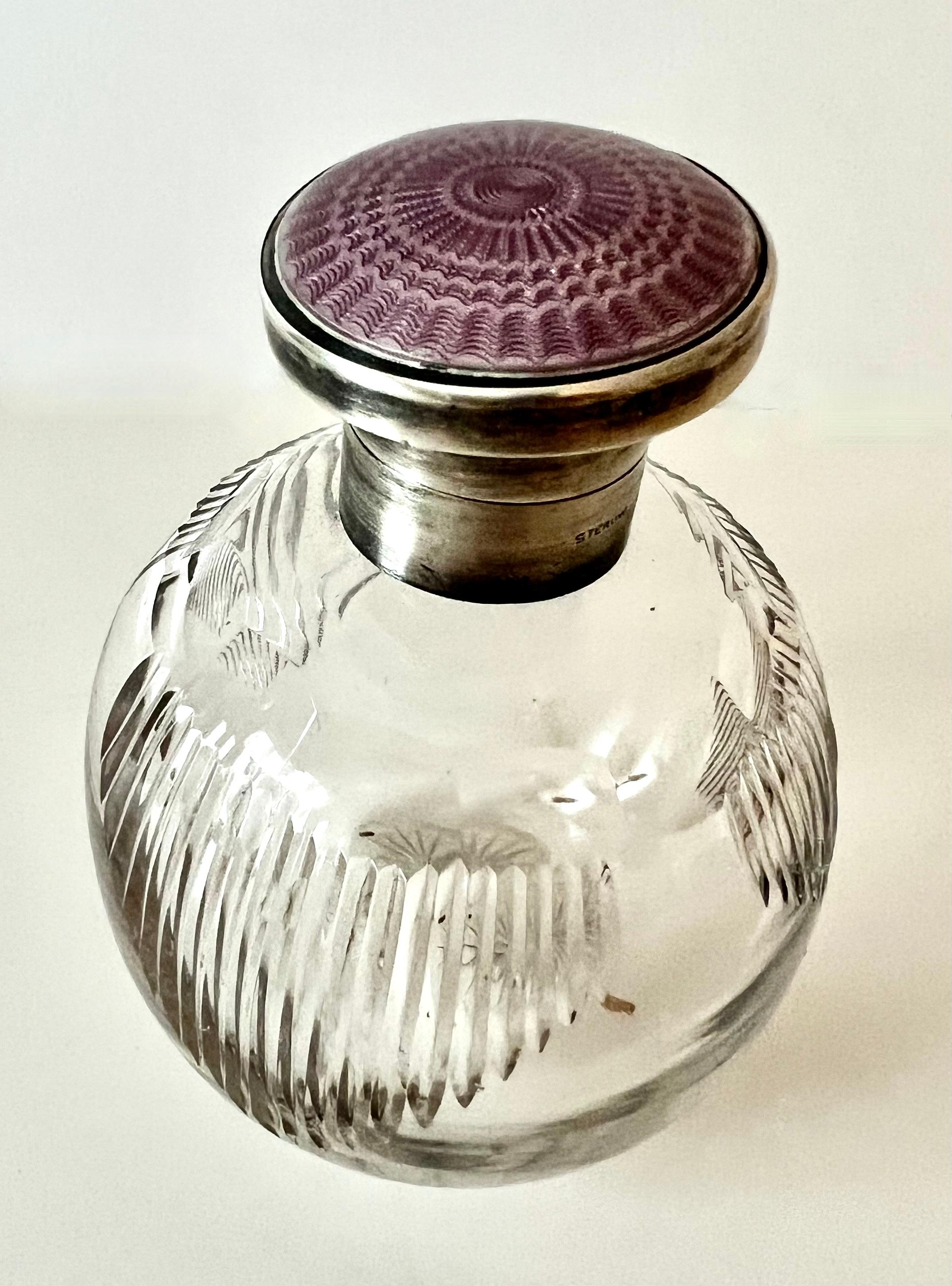 Art Deco Crystal Perfume Bottle with Sterling Lidded Guilloché Lavendar Enamel For Sale