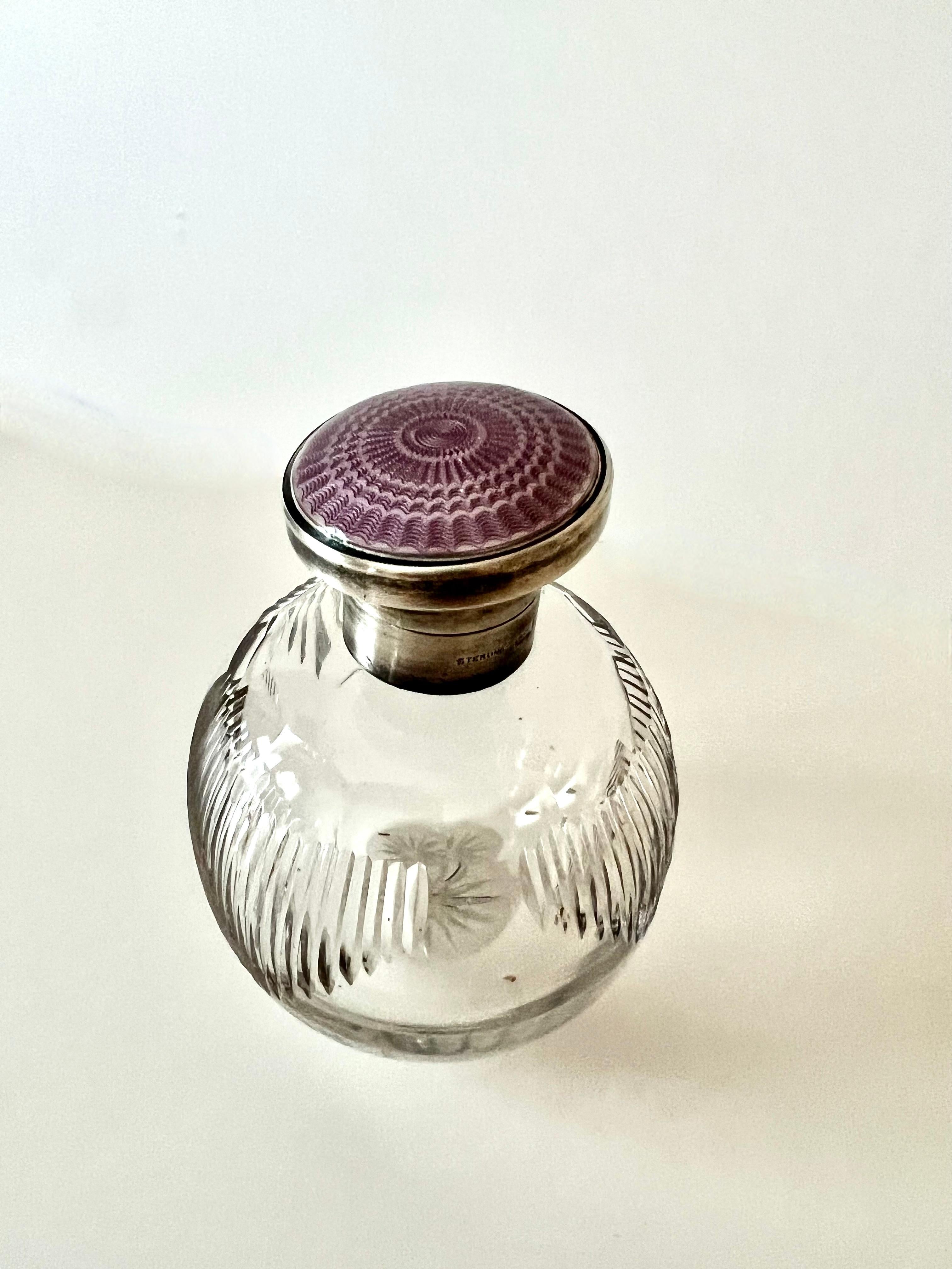Art Deco Crystal Perfume Bottle with Sterling Lidded Guilloché Lavendar Enamel For Sale