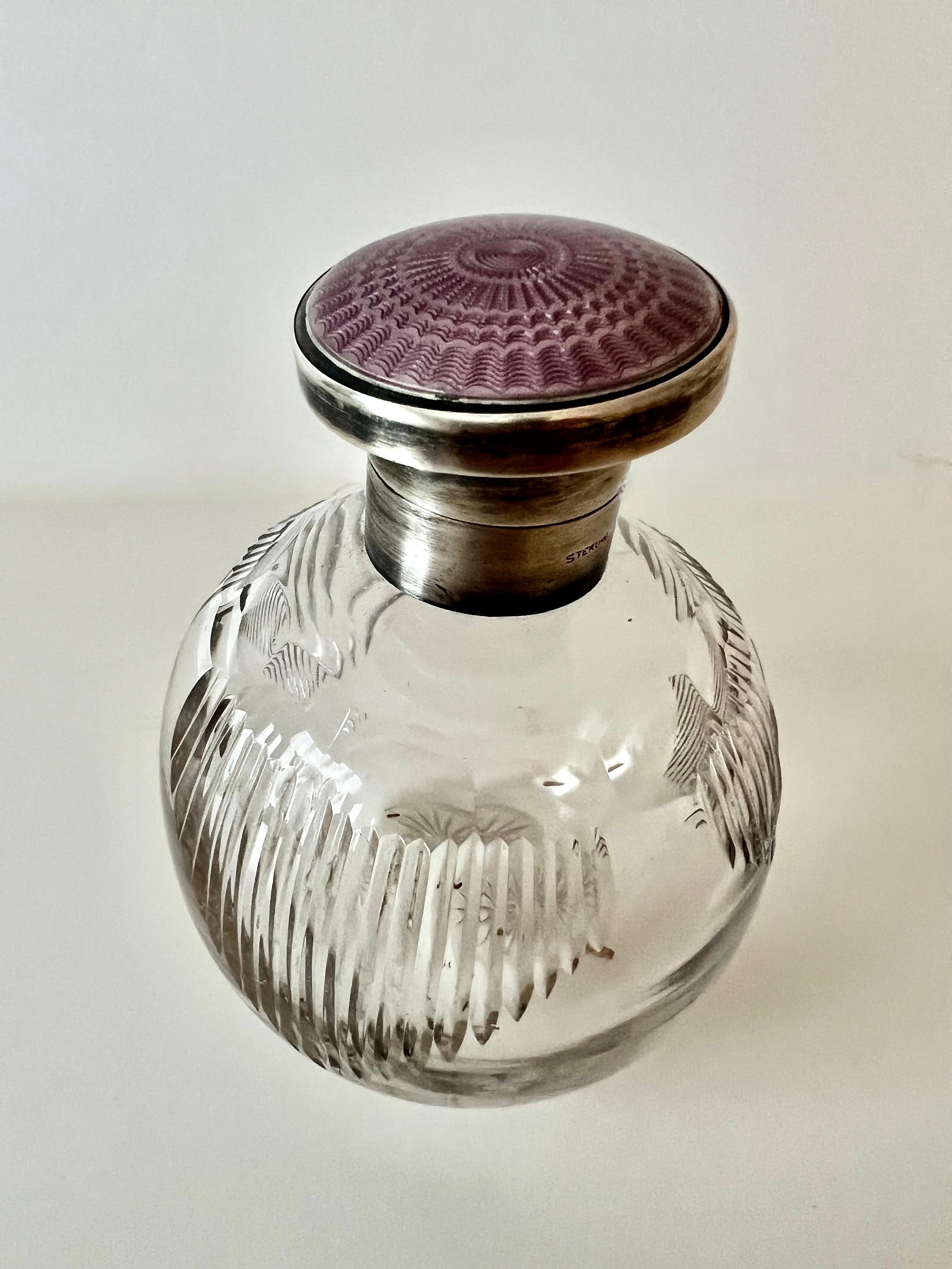 20th Century Crystal Perfume Bottle with Sterling Lidded Guilloché Lavendar Enamel For Sale