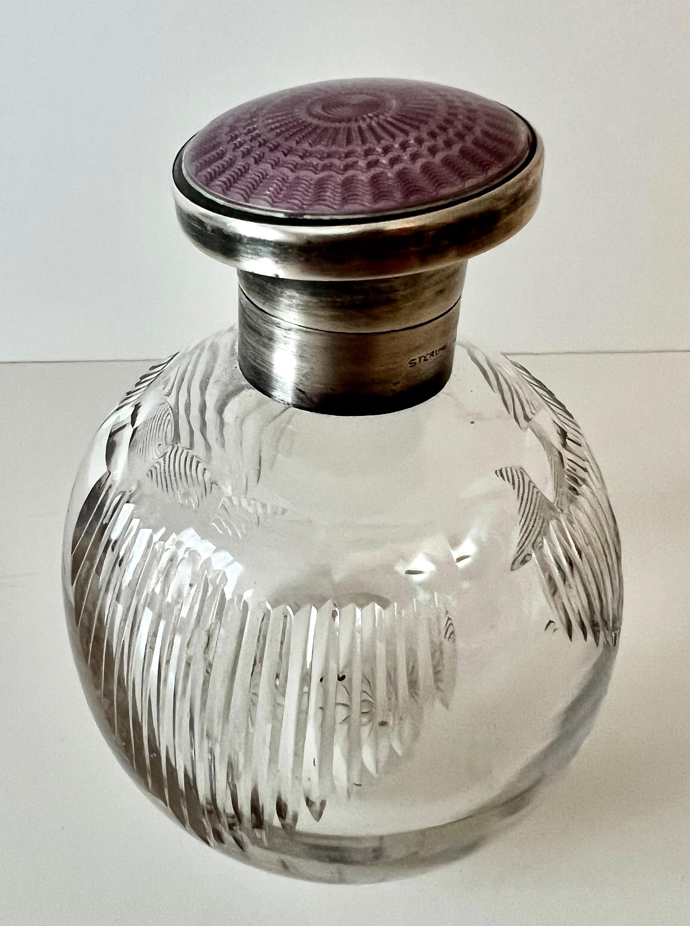 Sterling Silver Crystal Perfume Bottle with Sterling Lidded Guilloché Lavendar Enamel For Sale
