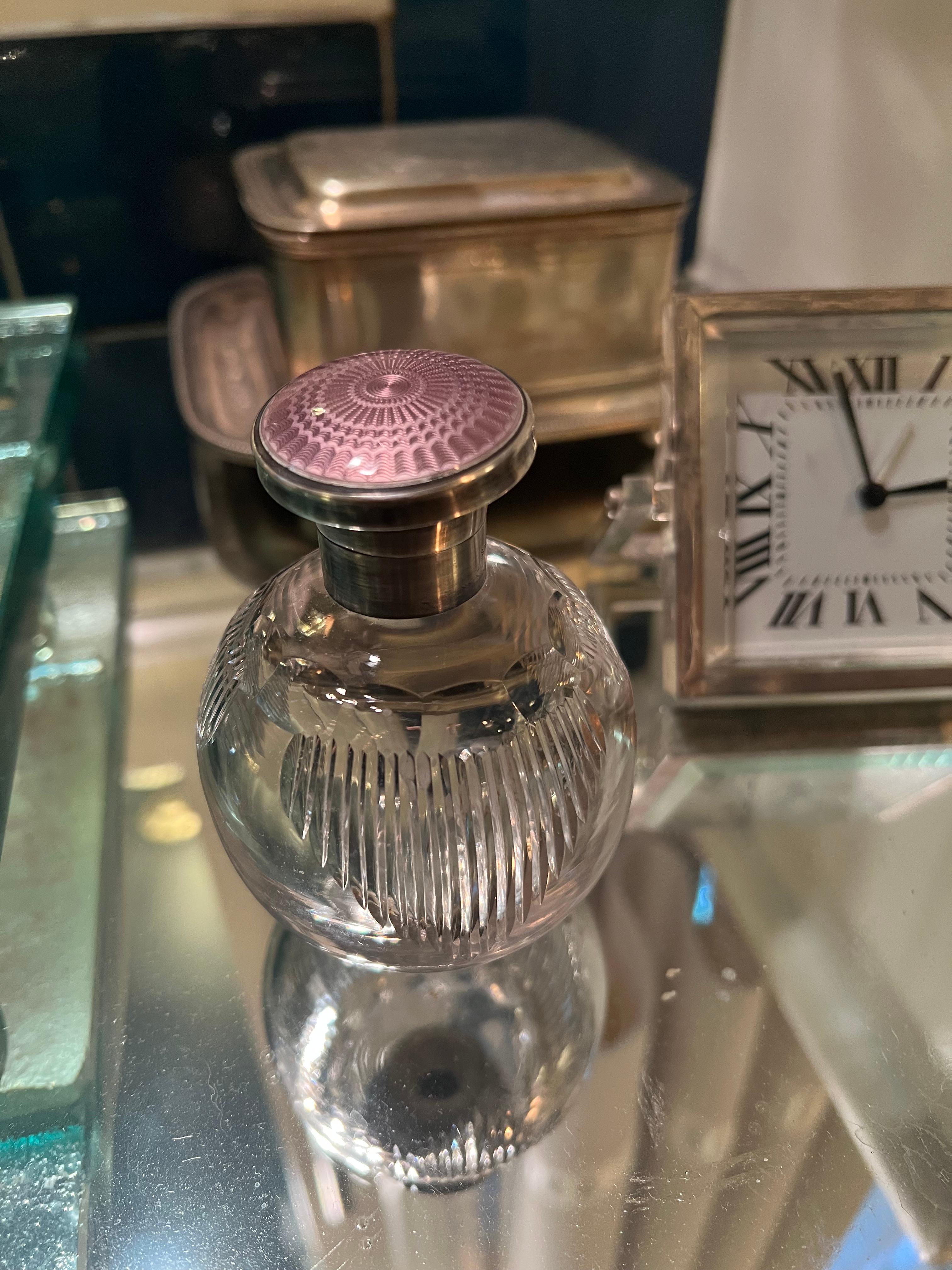 Crystal Perfume Bottle with Sterling Lidded Guilloché Lavendar Enamel For Sale 1