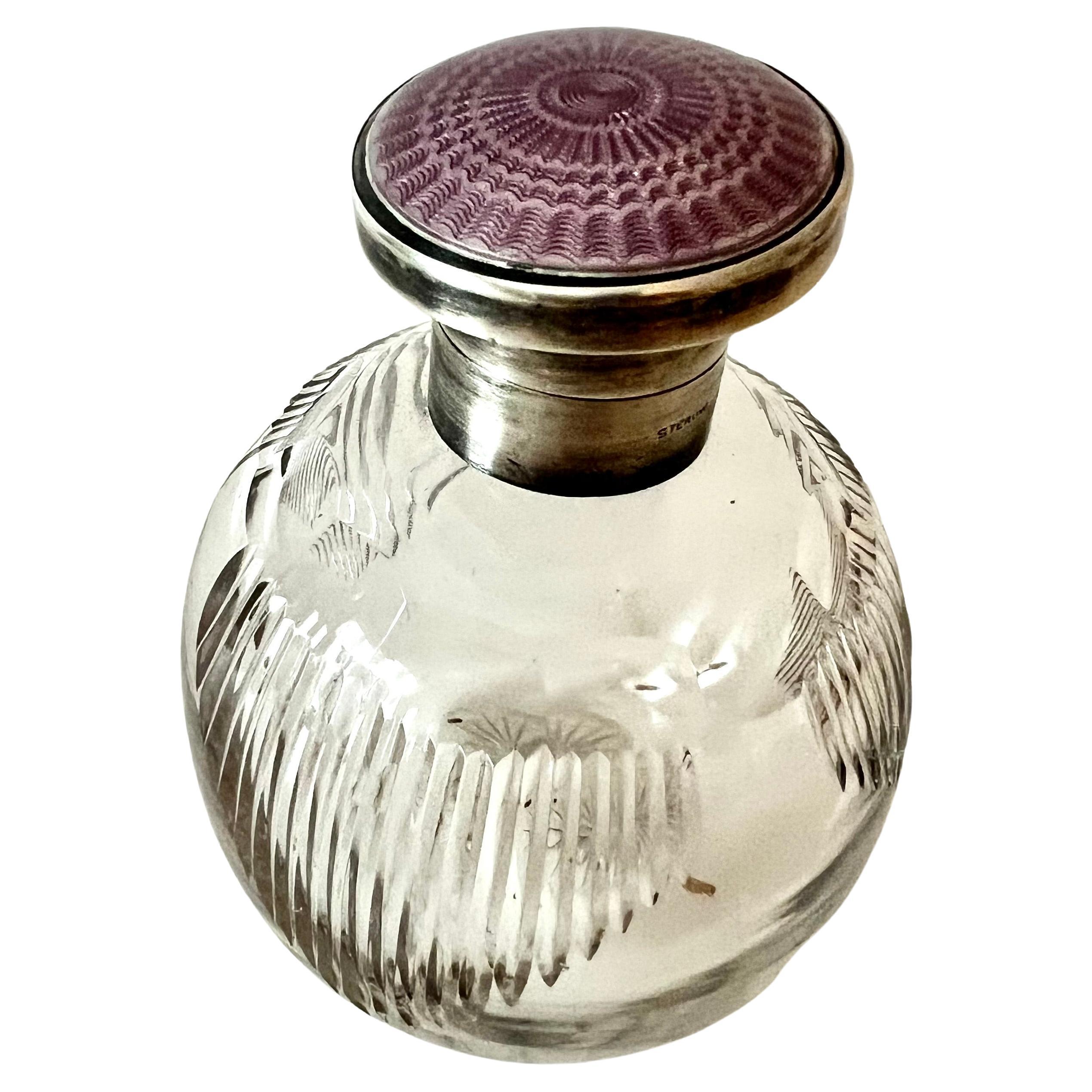 Crystal Perfume Bottle with Sterling Lidded Guilloché Lavendar Enamel For Sale