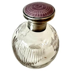 Antique Crystal Perfume Bottle with Sterling Lidded Guilloché Lavendar Enamel
