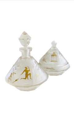 Crystal Perfume Cologne Bottle Vanity Set W/ Ancient Gold Hieroglyphs Egyptian