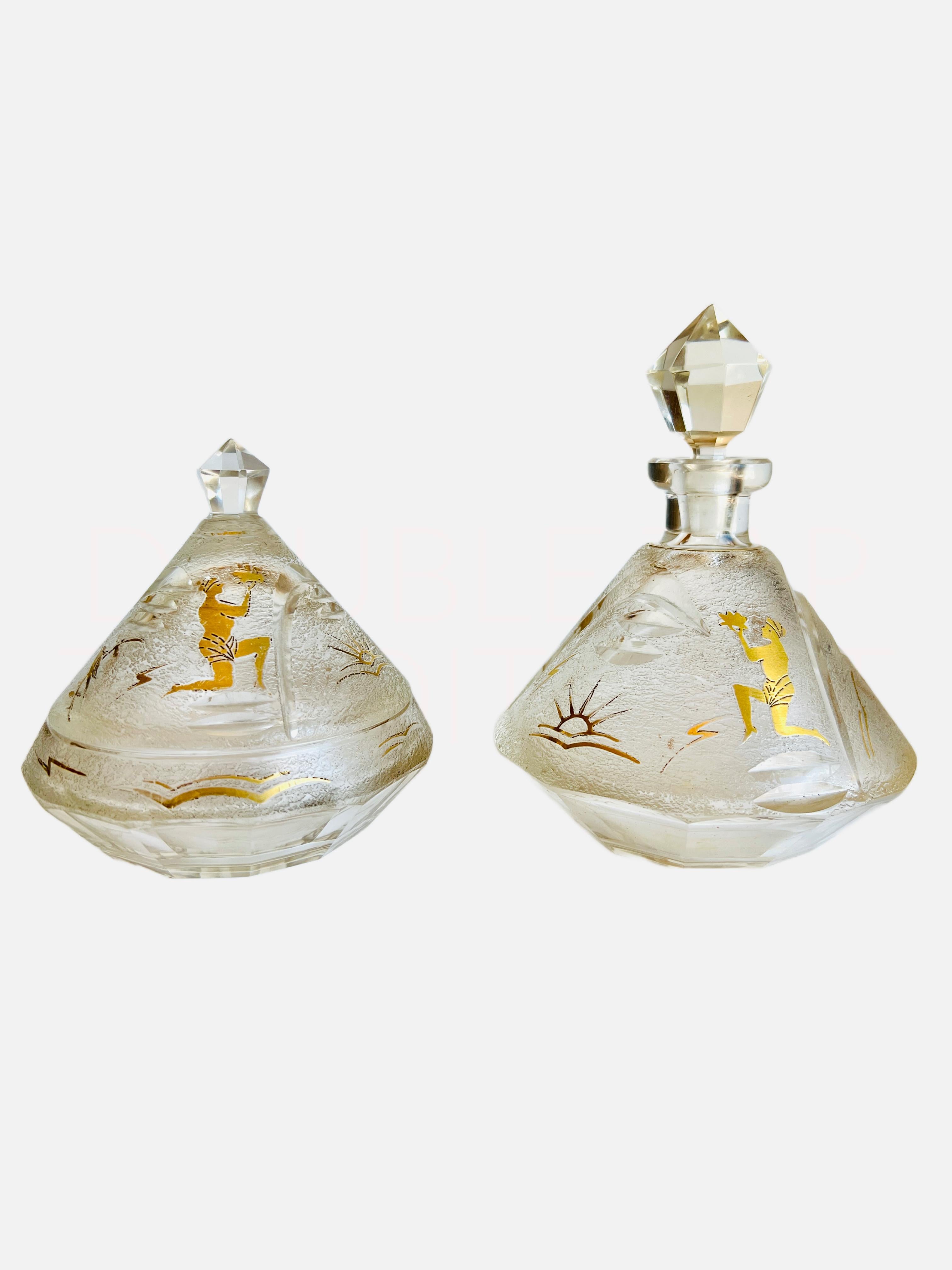 Art Deco Crystal Perfume Cologne Bottle Vanity Set W/ Ancient Gold Hieroglyphs Egyptian For Sale