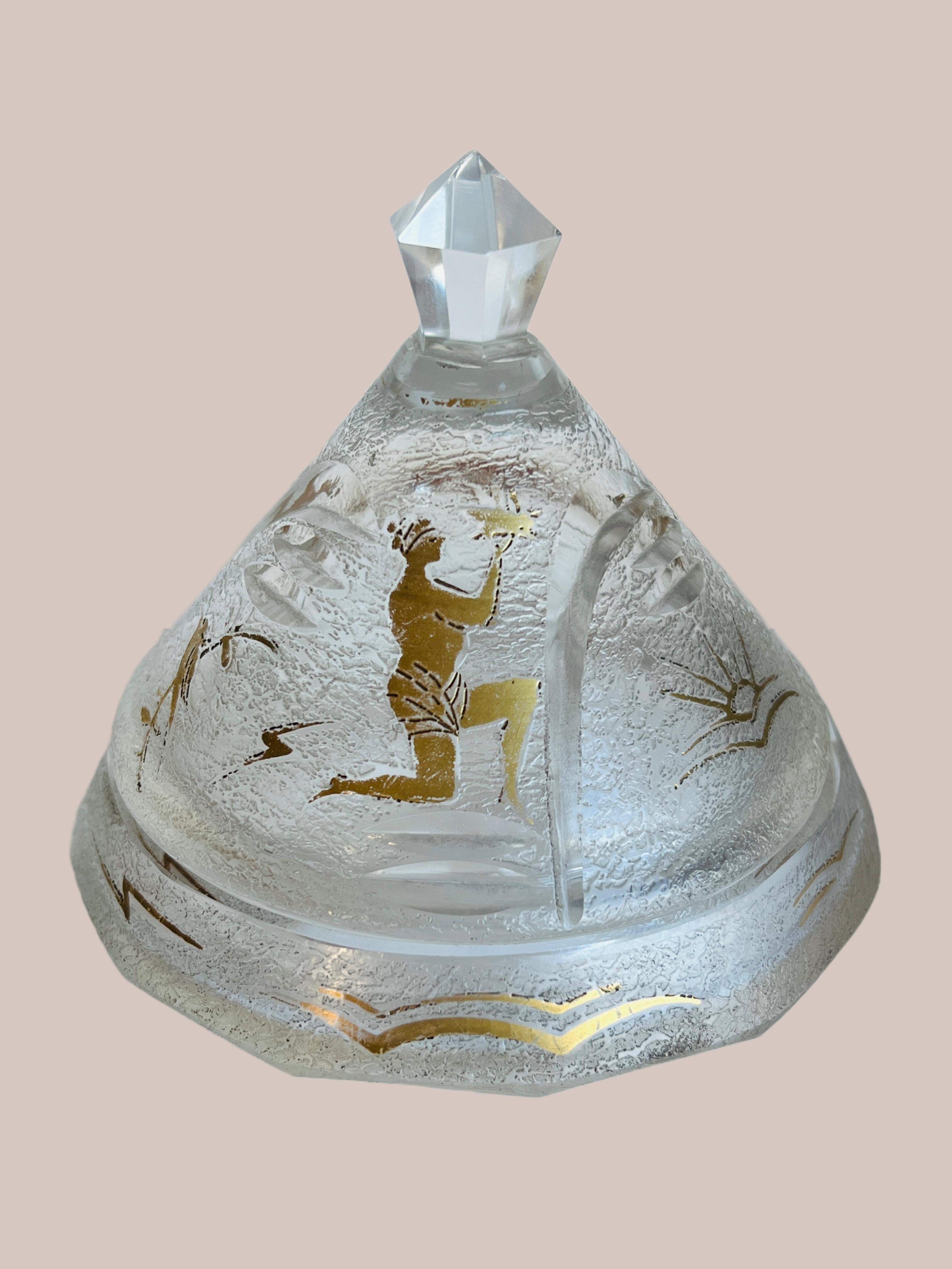 Crystal Perfume Cologne Bottle Vanity Set W/ Ancient Gold Hieroglyphs Egyptian In Good Condition For Sale In Sausalito, CA