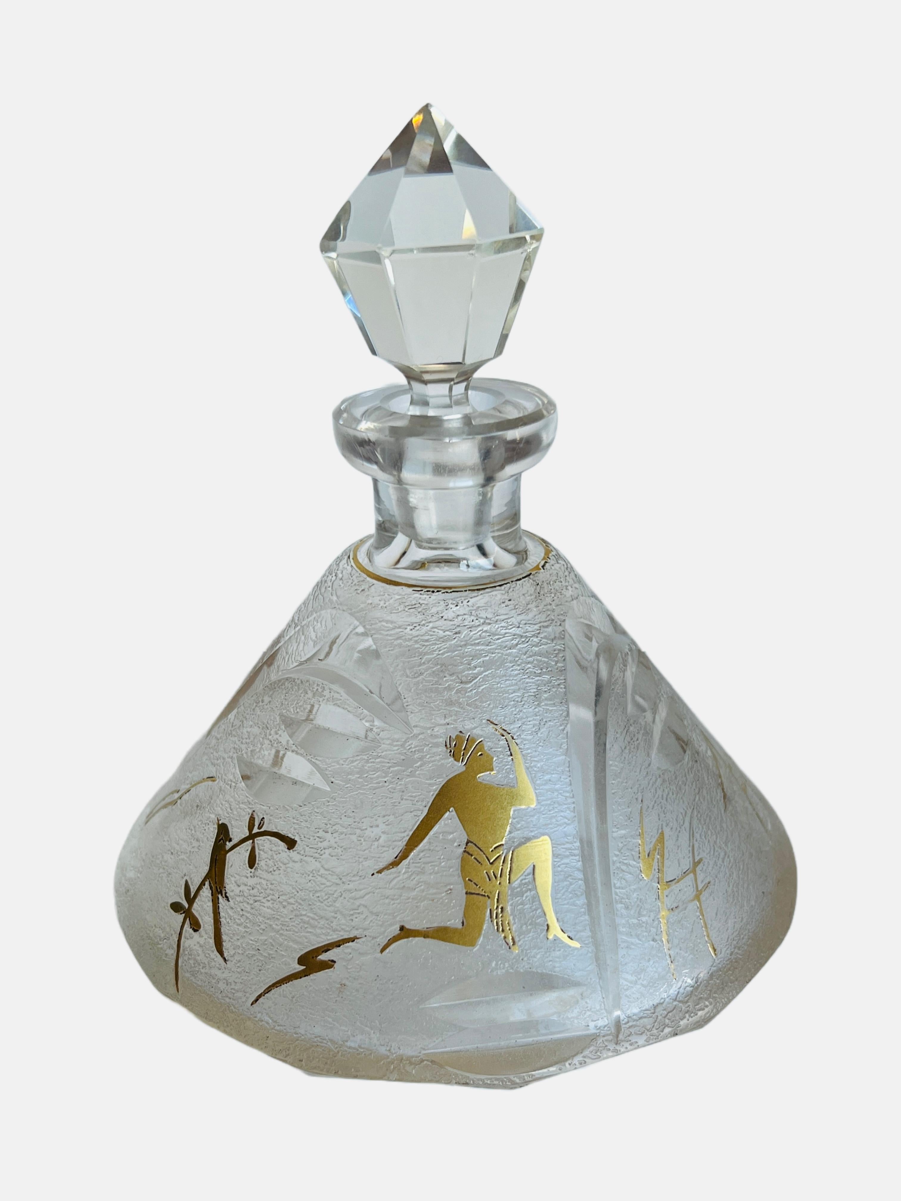Crystal Perfume Cologne Bottle Vanity Set W/ Ancient Gold Hieroglyphs Egyptian For Sale 1