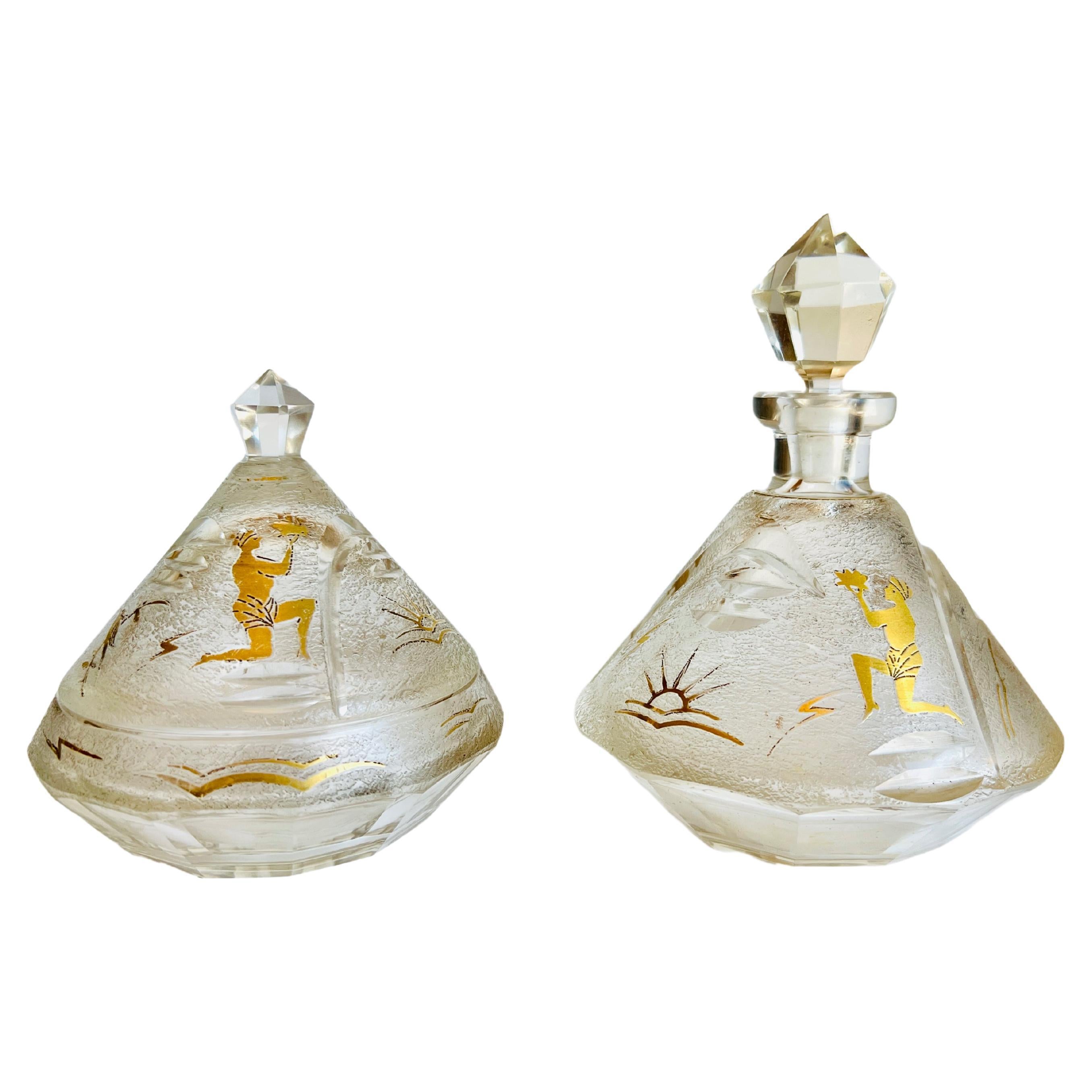 Crystal Perfume Cologne Bottle Vanity Set W/ Ancient Gold Hieroglyphs Egyptian For Sale