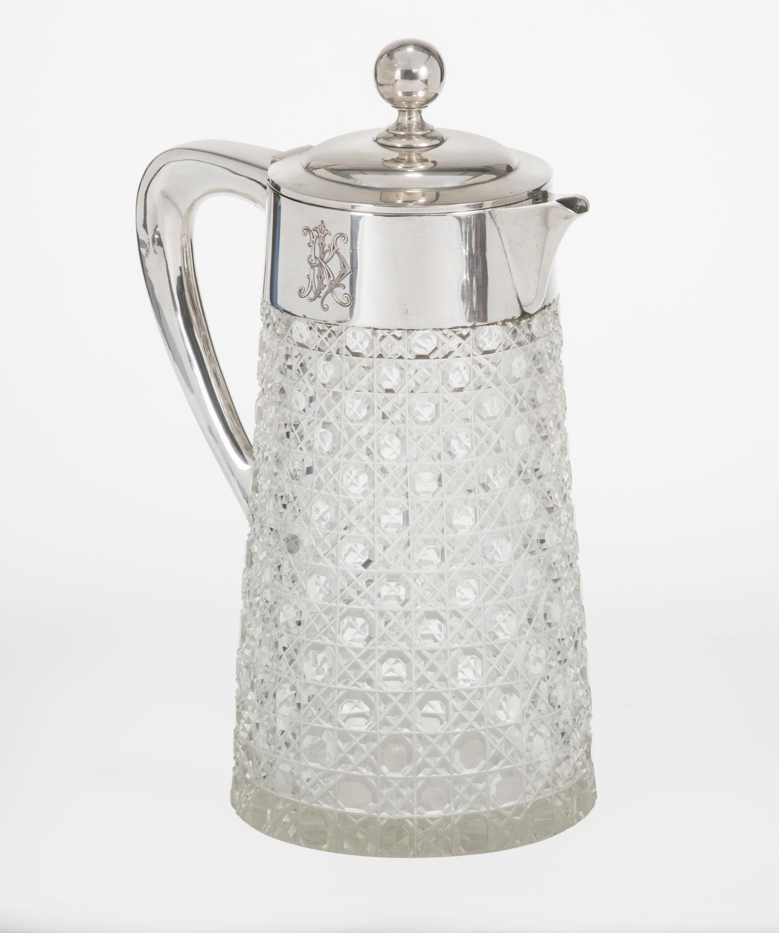 Neoclassical Crystal Pitcher with German Silver Handle and Lid For Sale
