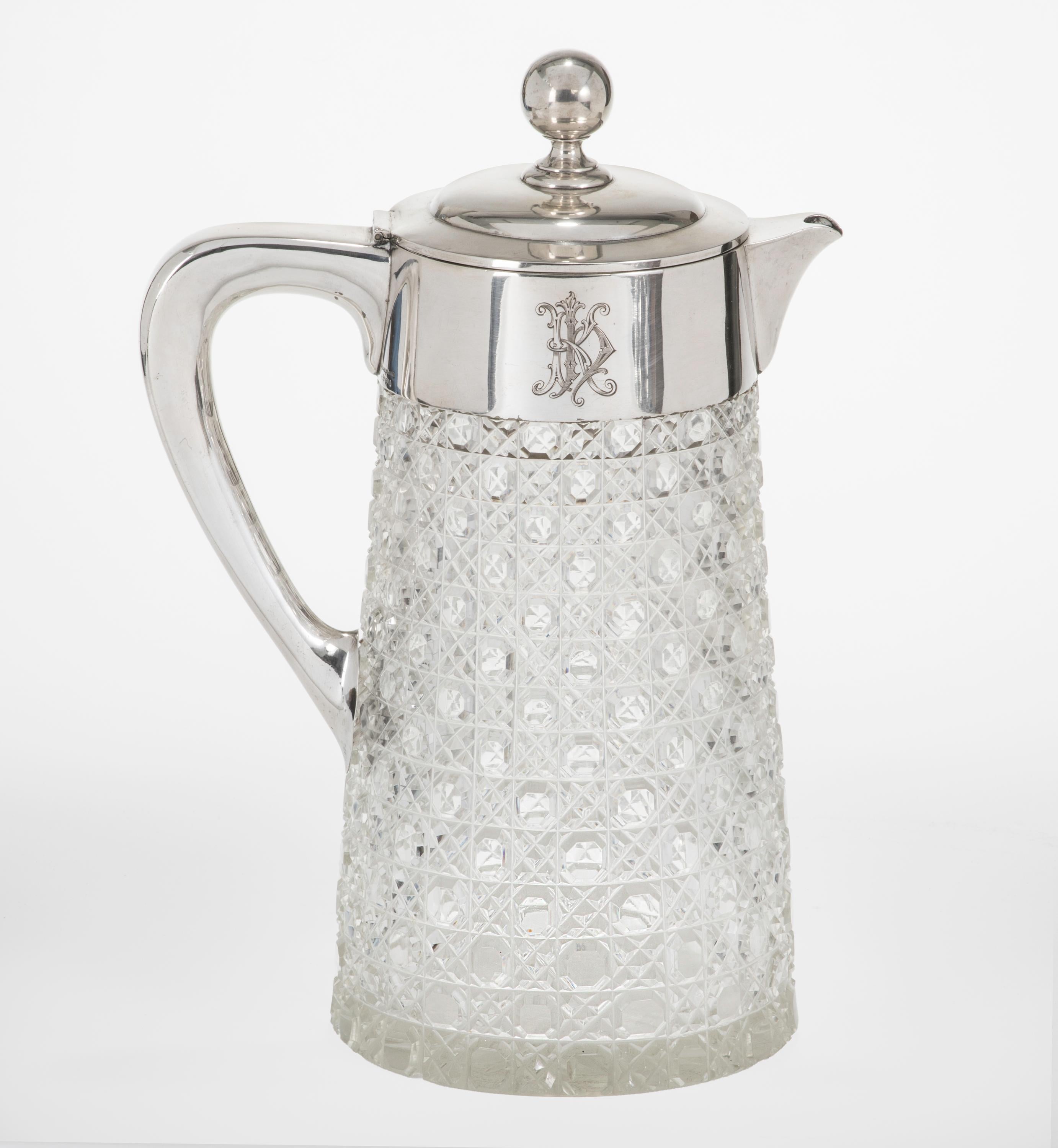Hand-Crafted Crystal Pitcher with German Silver Handle and Lid For Sale
