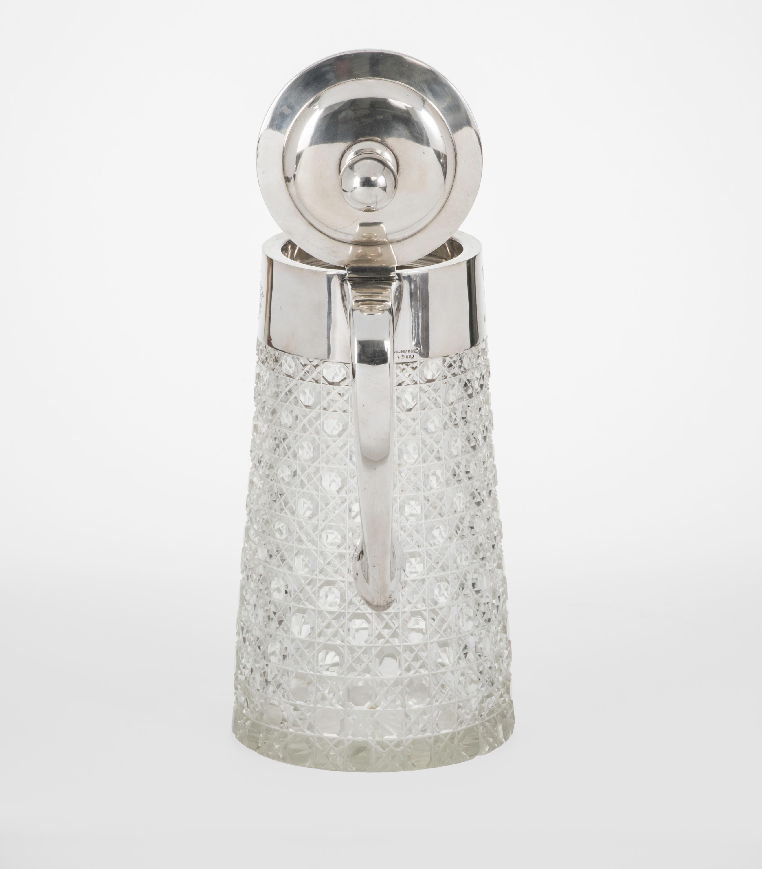 Early 20th Century Crystal Pitcher with German Silver Handle and Lid For Sale