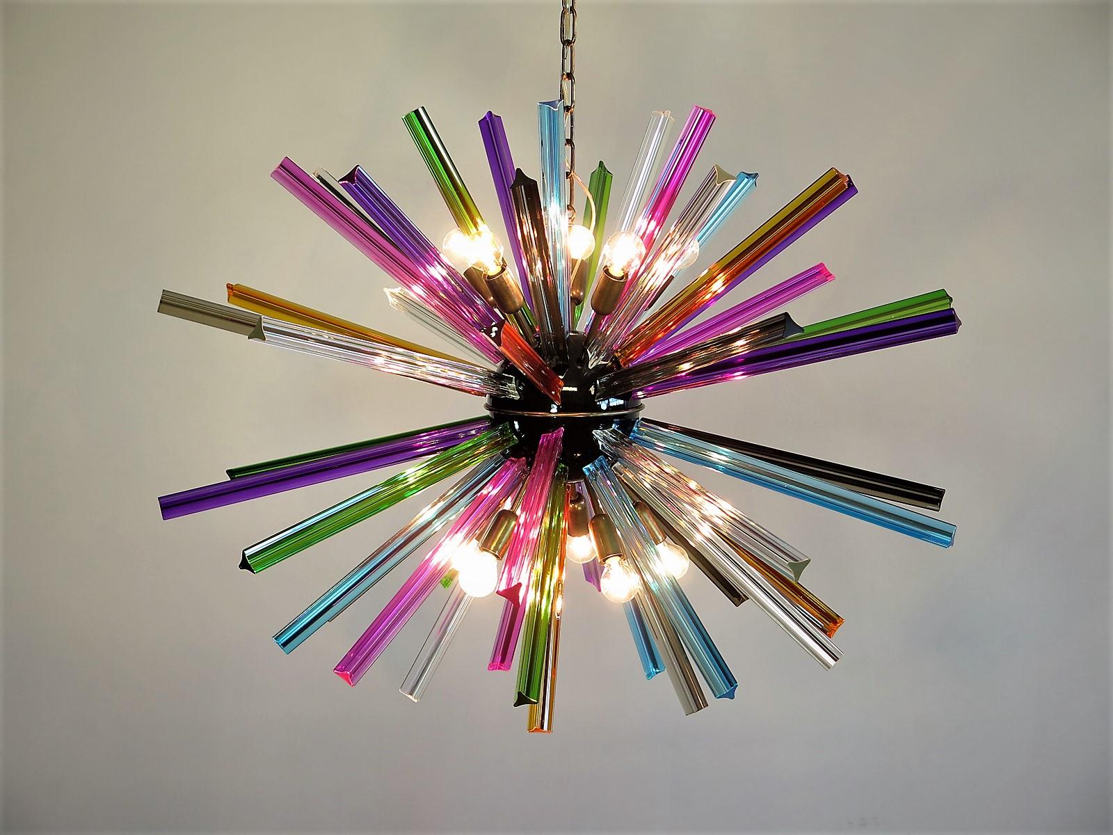 Late 20th Century Crystal Prism Sputnik Chandeliers, 50 Multicolored Prisms, Italiy Murano For Sale