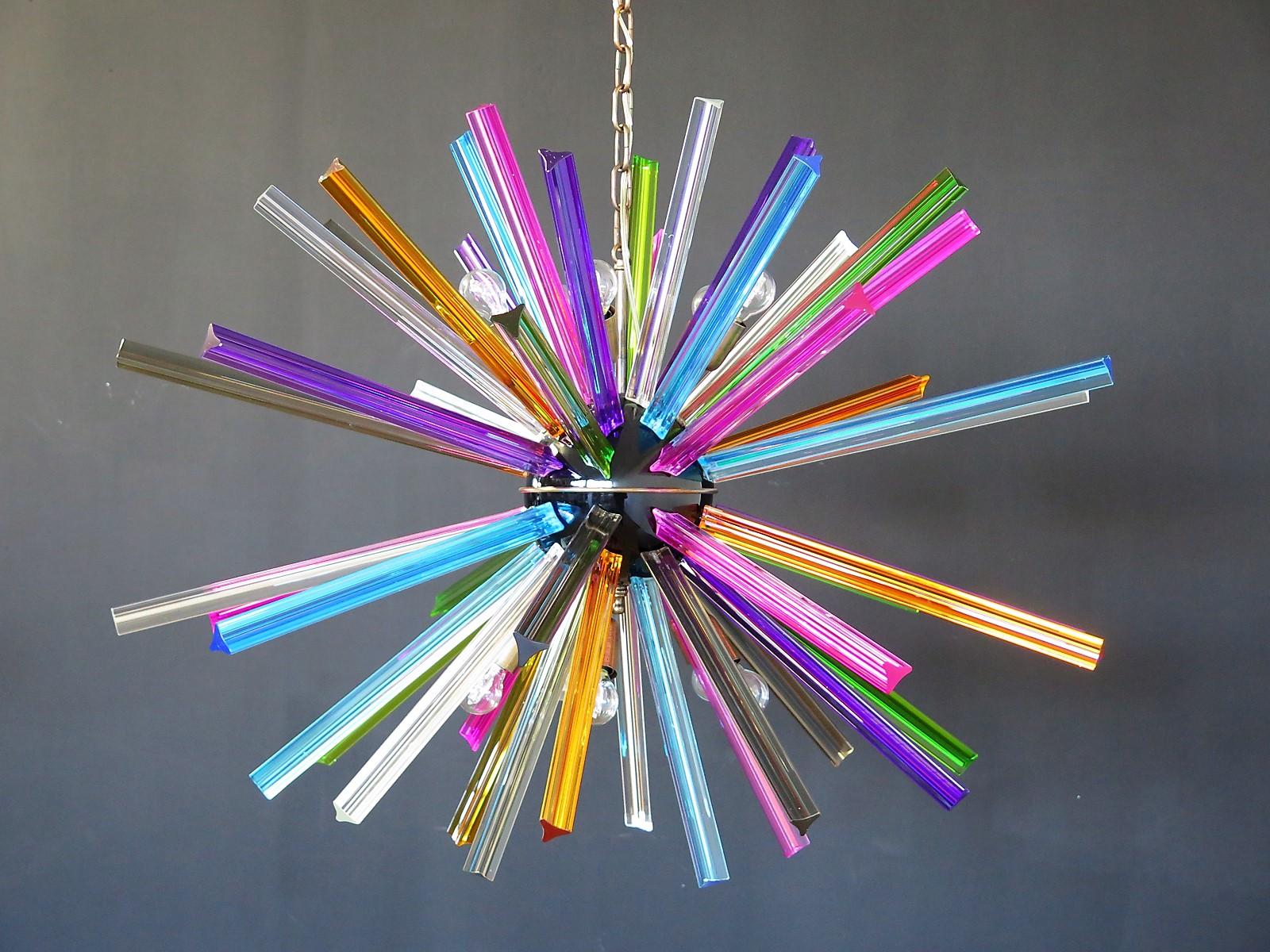 Blown Glass Crystal Prism Sputnik Chandeliers, 50 Multicolored Prisms, Italiy Murano For Sale