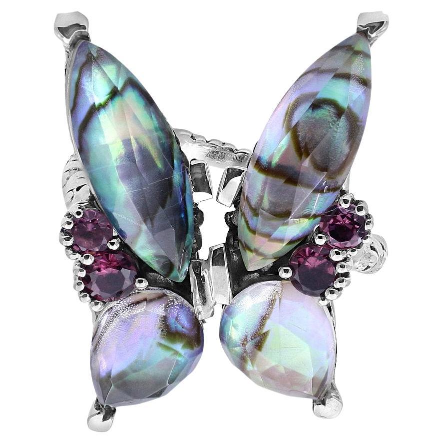 Bague papillon en quartz cristal et ormeau