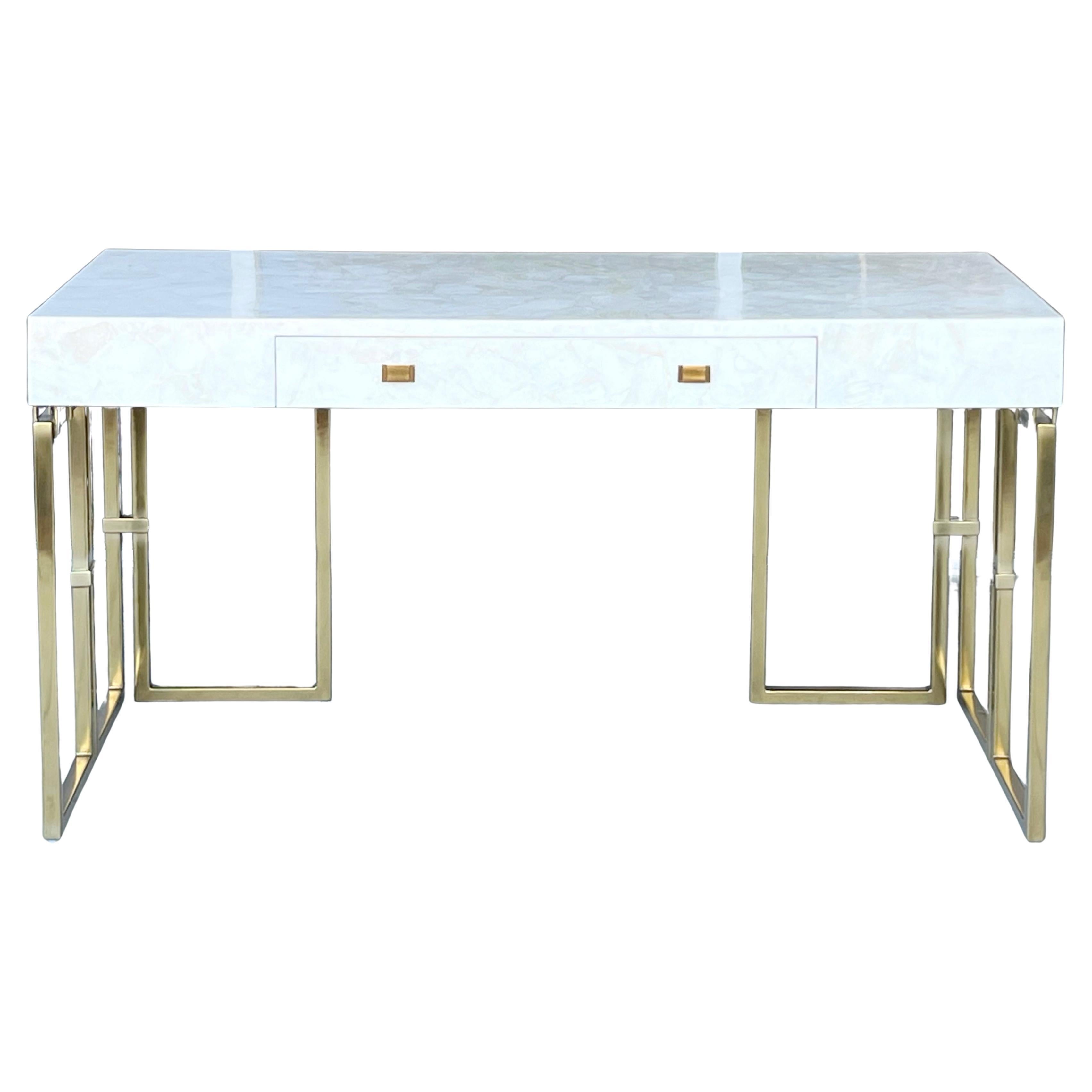 Crystal Quartz and Brass Desk Writing Table by Pride Sasser in vendita