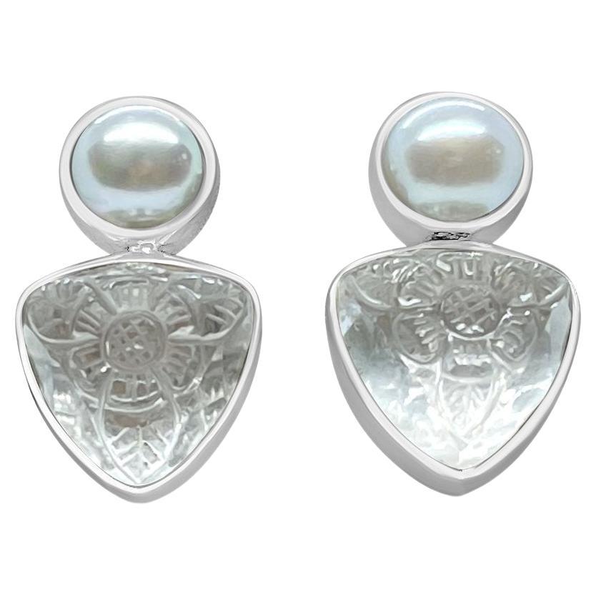 Crystal Quartz and Carved Stone Clip Back Earring For Sale