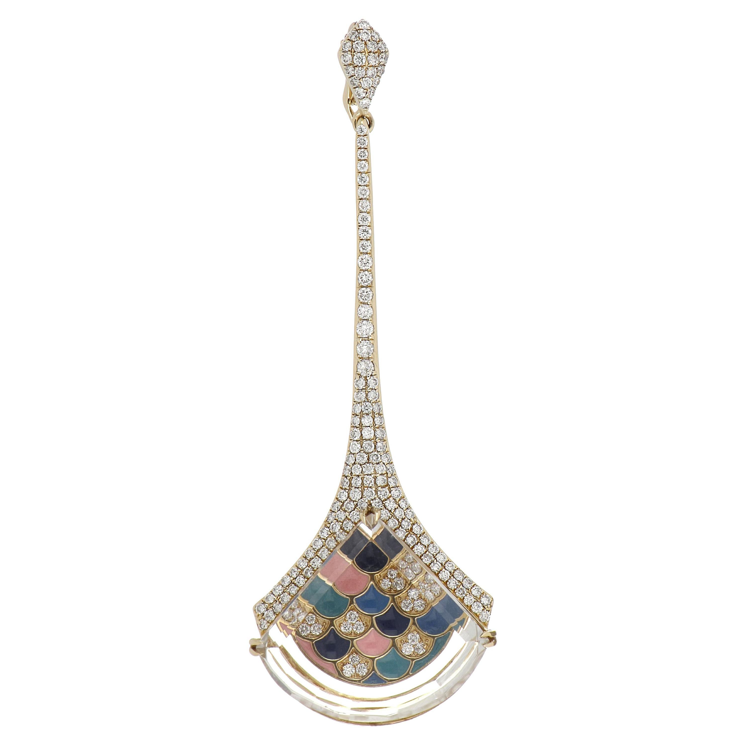 Pendentif clouté en or jaune 14 carats, cristal, quartz et diamants