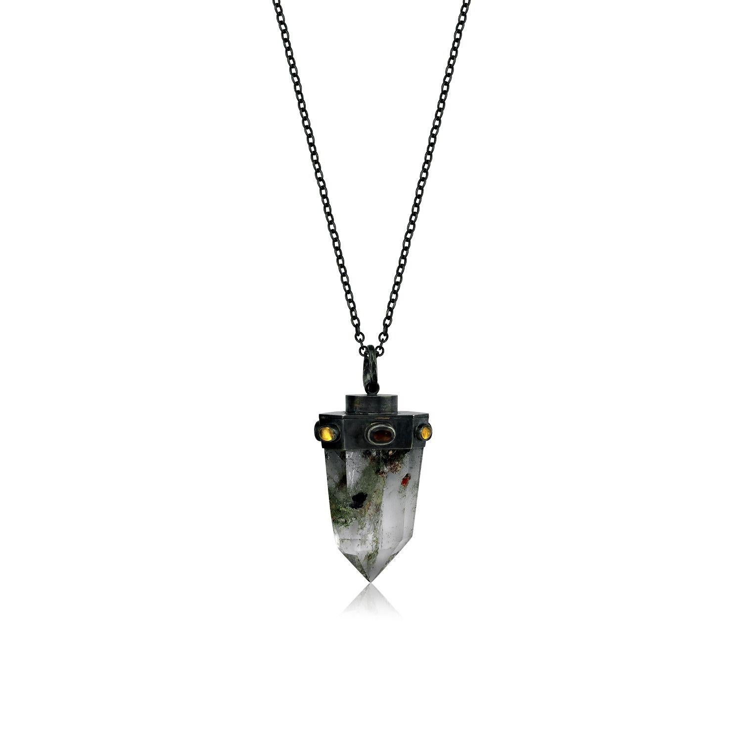 Mixed Cut Silver Amethyst Prism Necklace with Smoky Quartz For Sale