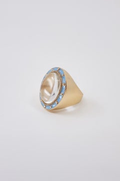 Bague en quartz cristal, bague de cocktail en or, émail bleu clair