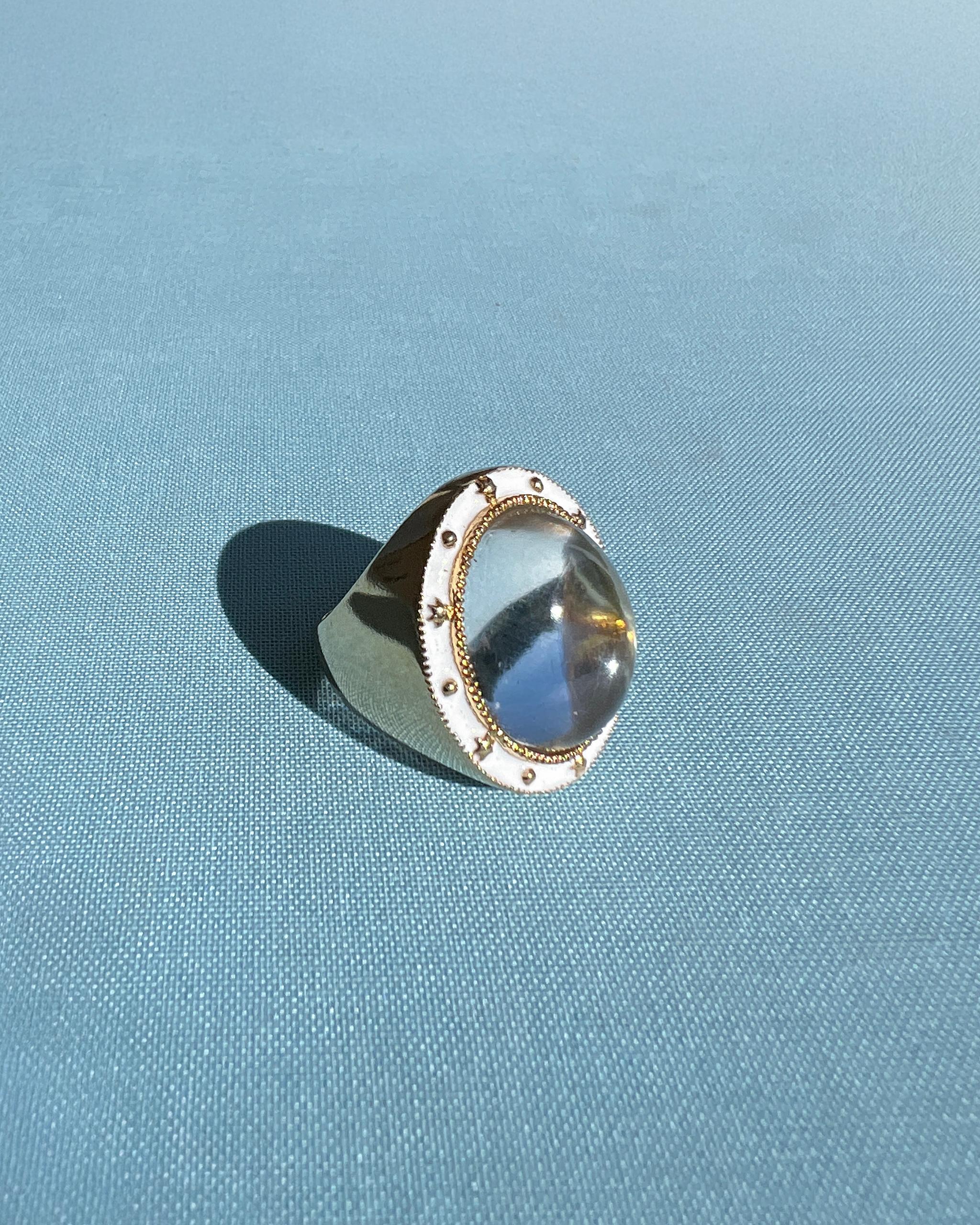Kristall Quarz Ring Weiß Emaille Coctail Ring im Angebot 5