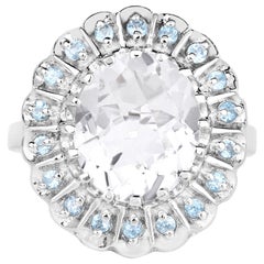 Bague en quartz cristallin avec topaze bleue suisse de 5,86 carats, en argent massif