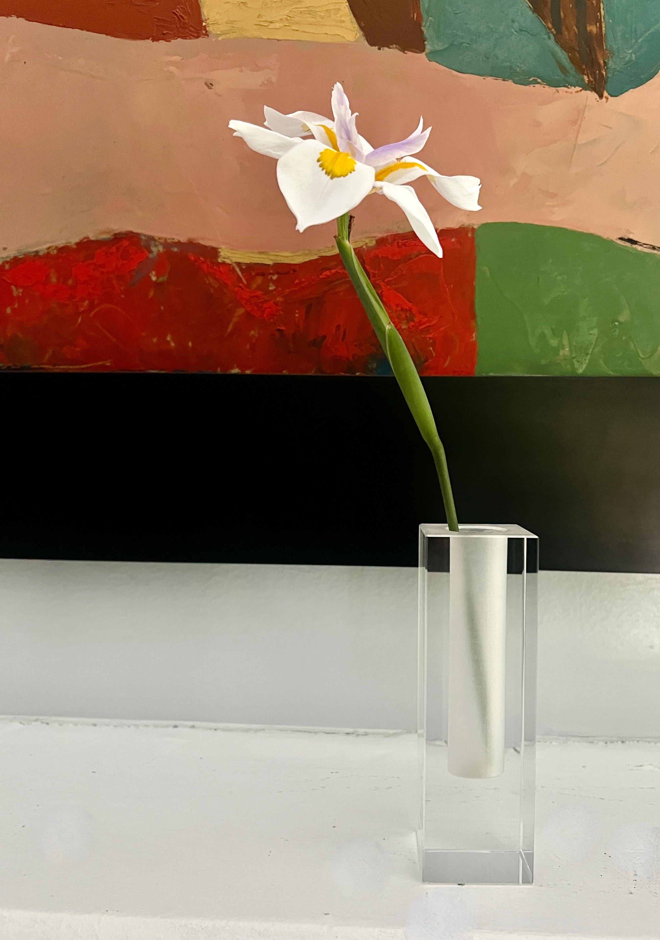 A stunning Rectangular Crystal Bud Vase by Oleg Cassini.  The vase refracts light beautifully and the portion of the vase that holds water is frosted on the inside.  

An elegant piece that adds that special touch to any area.  A complement to any