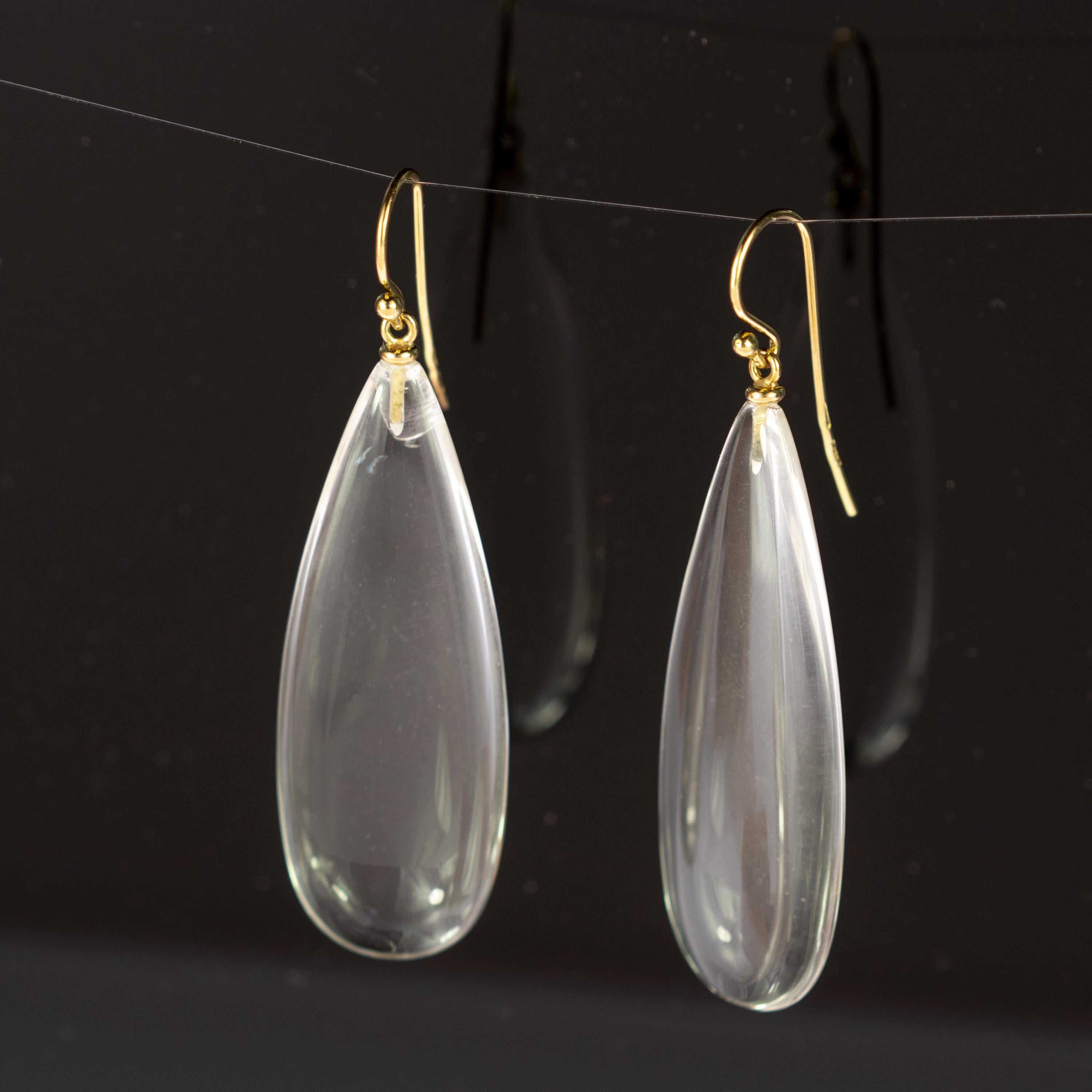 Art Nouveau Crystal Rock Glassy Dangle 18 Karat Yellow Gold Tear Drop Translucent Earrings