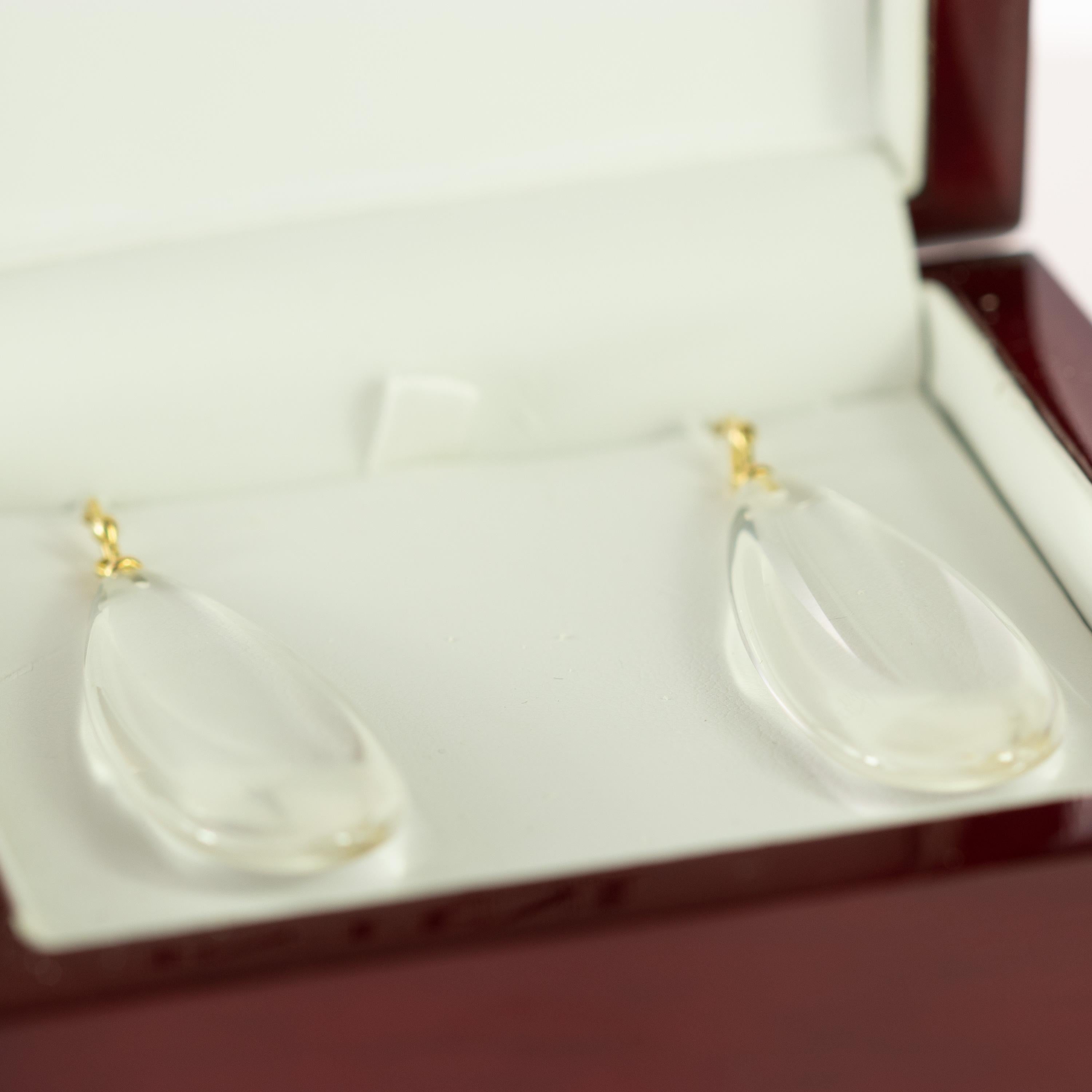Pear Cut Crystal Rock Glassy Dangle 18 Karat Yellow Gold Tear Drop Translucent Earrings