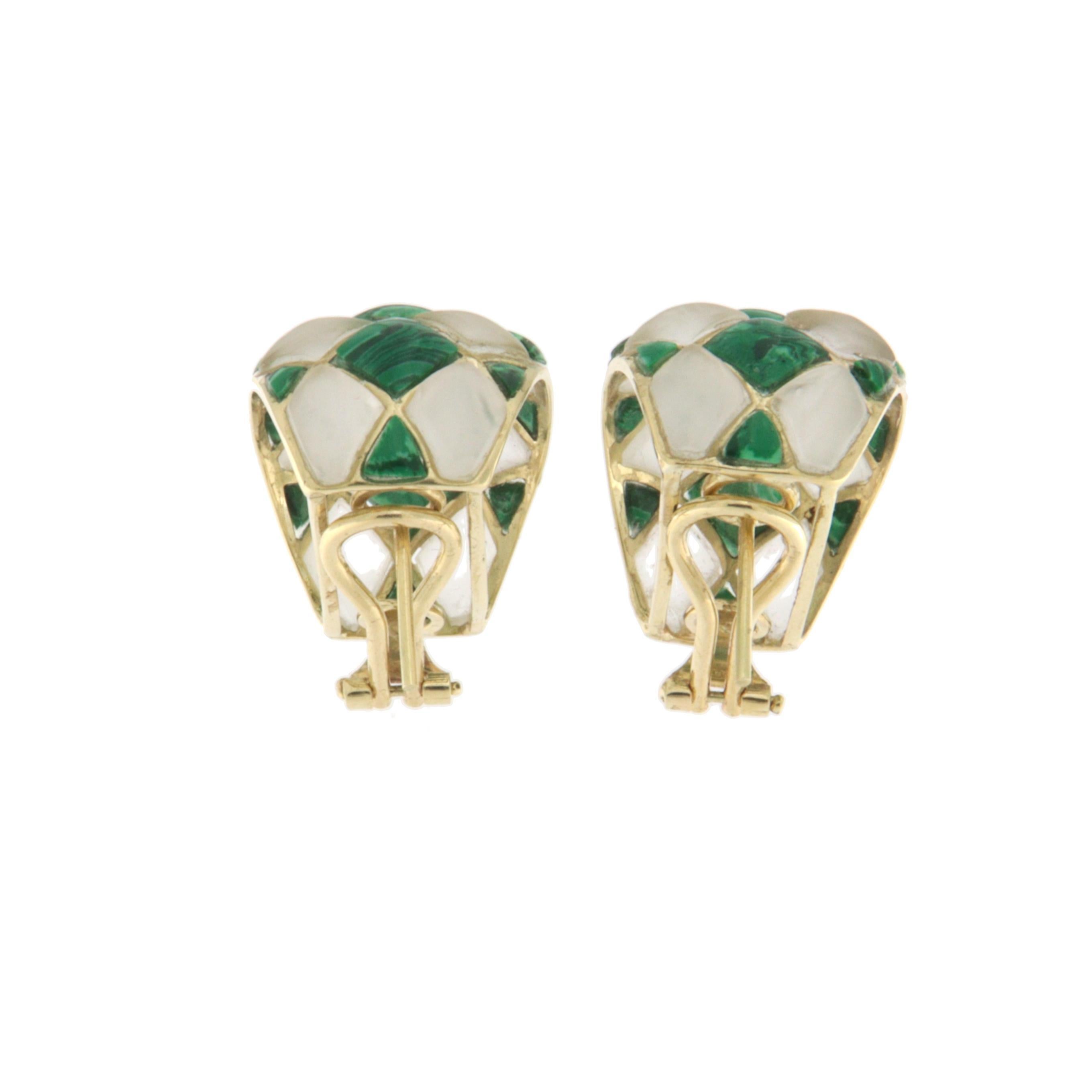Artisan Boucles d'oreilles en or jaune 14 carats - Crystal Rock Malachite en vente