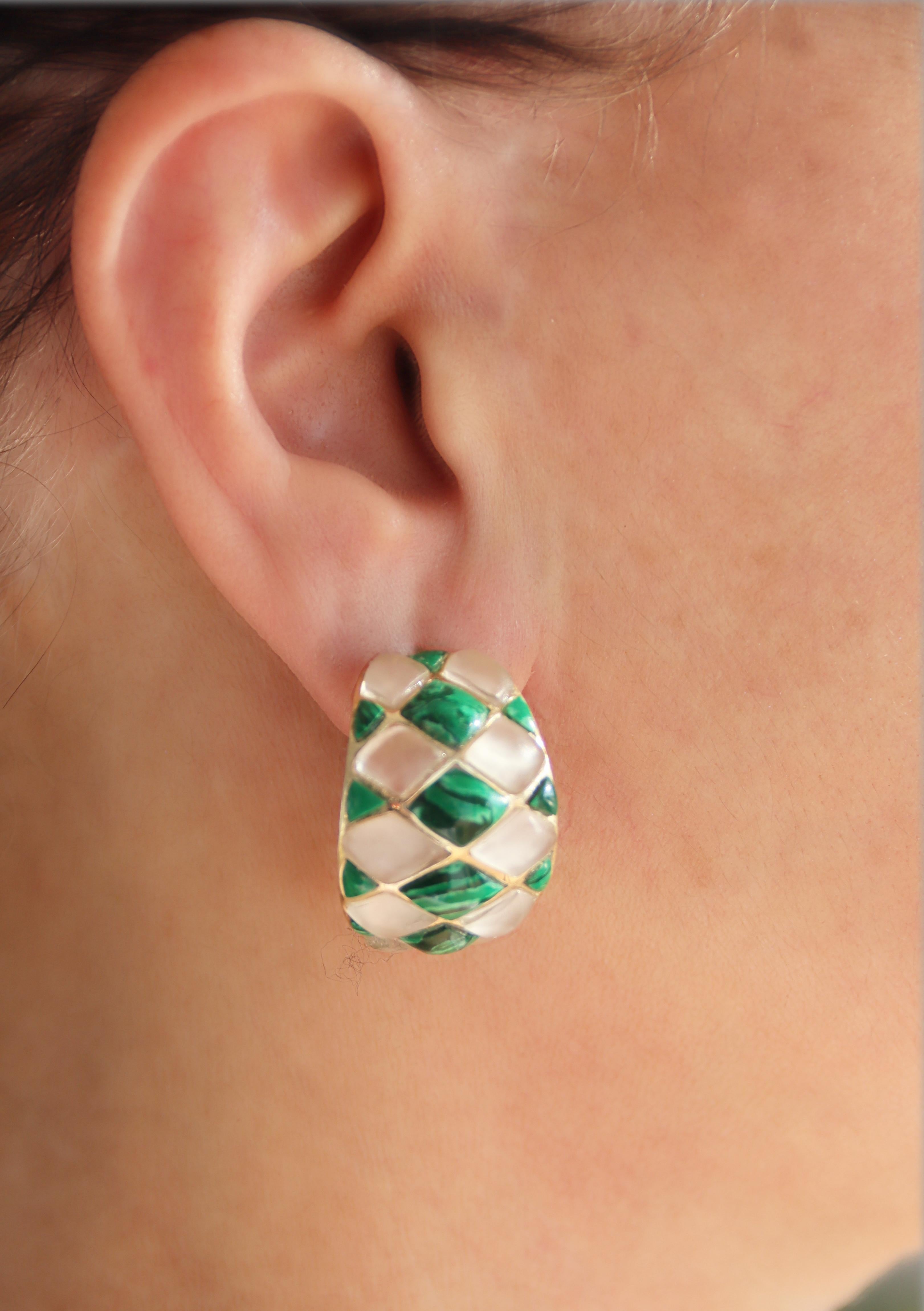 Boucles d'oreilles en or jaune 14 carats - Crystal Rock Malachite Pour femmes en vente