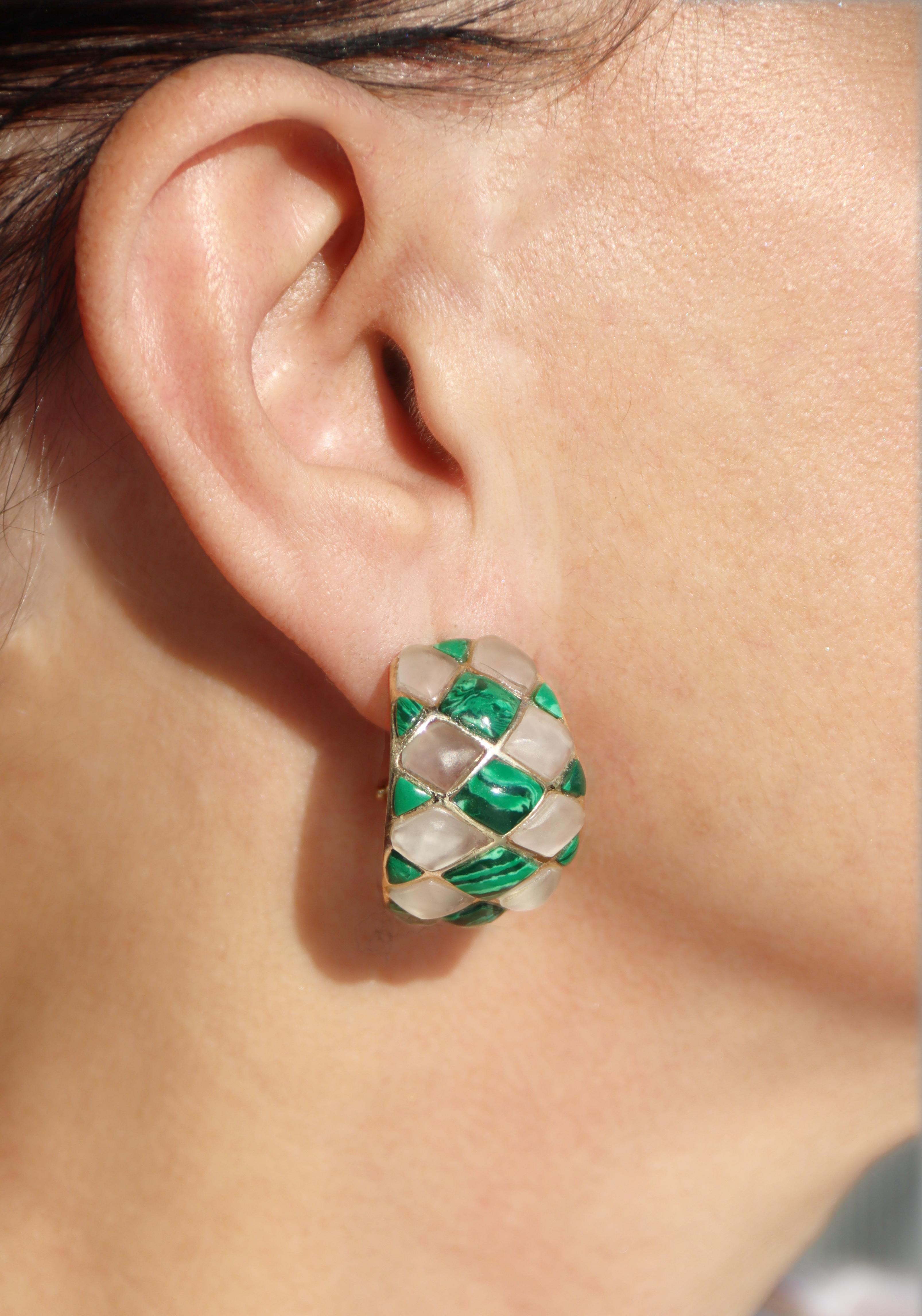 Boucles d'oreilles en or jaune 14 carats - Crystal Rock Malachite en vente 1