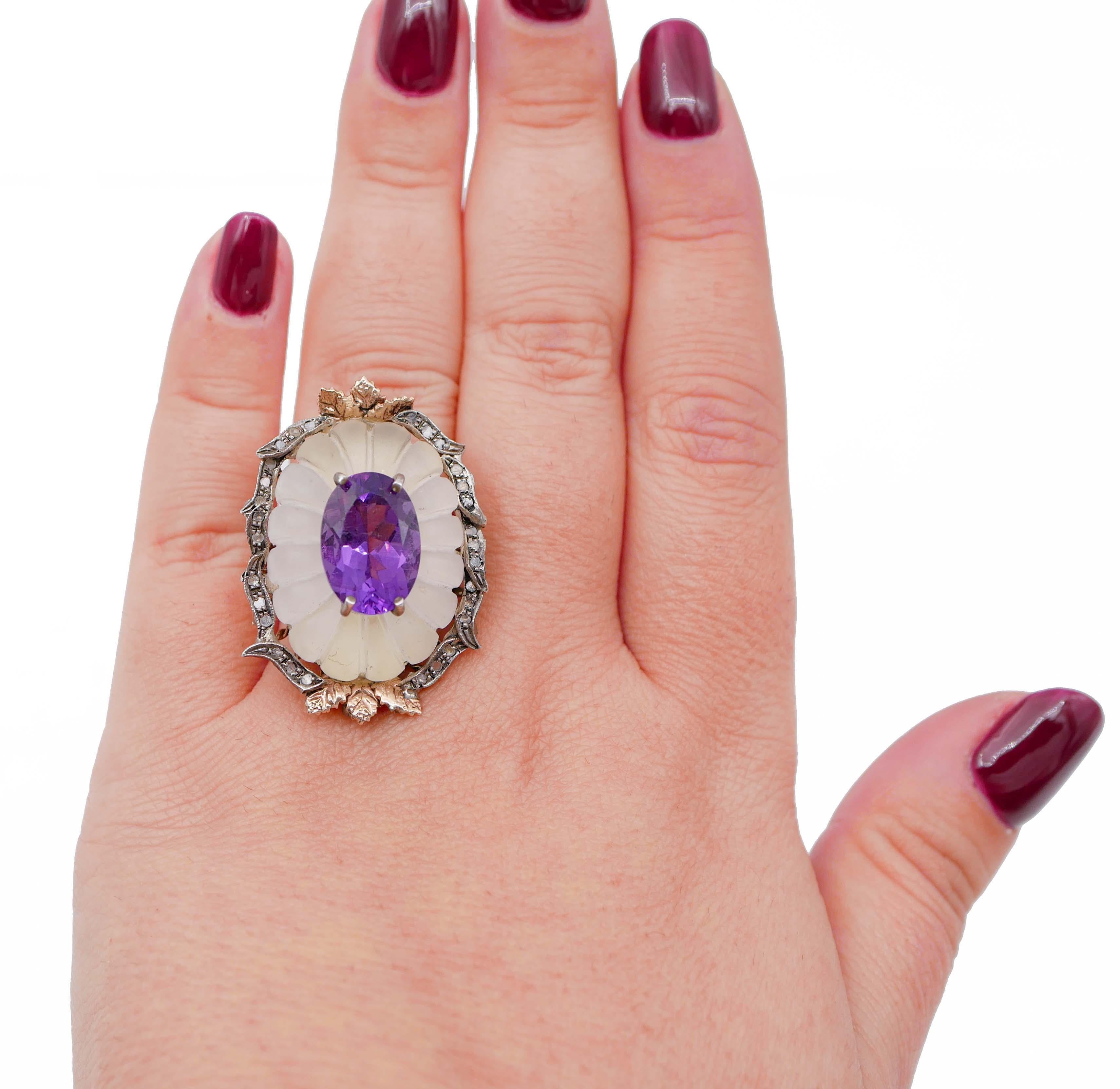 Retro Crystal Rock, Amethyst, Diamonds, Rose Gold and Silver Ring For Sale