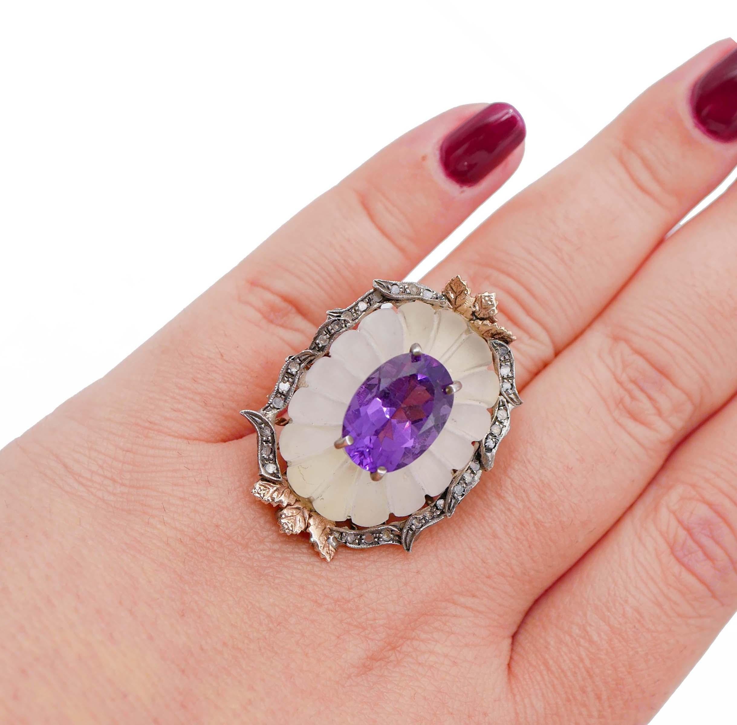 Mixed Cut Crystal Rock, Amethyst, Diamonds, Rose Gold and Silver Ring For Sale