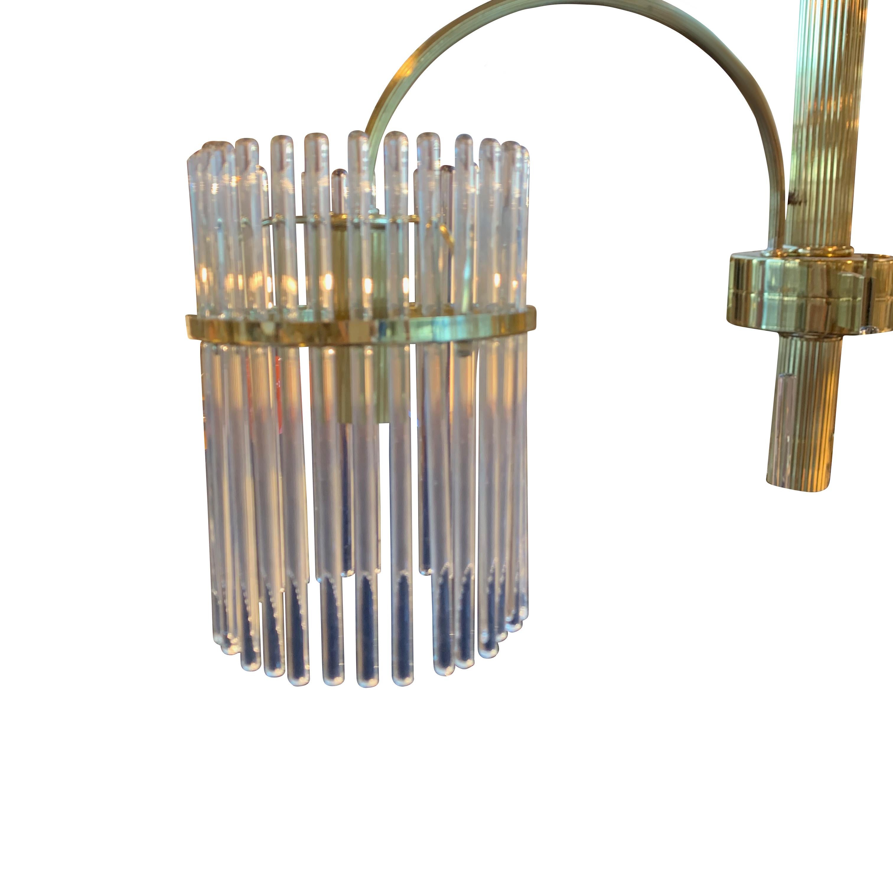 Italian Crystal Rods and Brass Trim Three-Arm Chandelier, Sciolari Design, Italy, 1970s For Sale