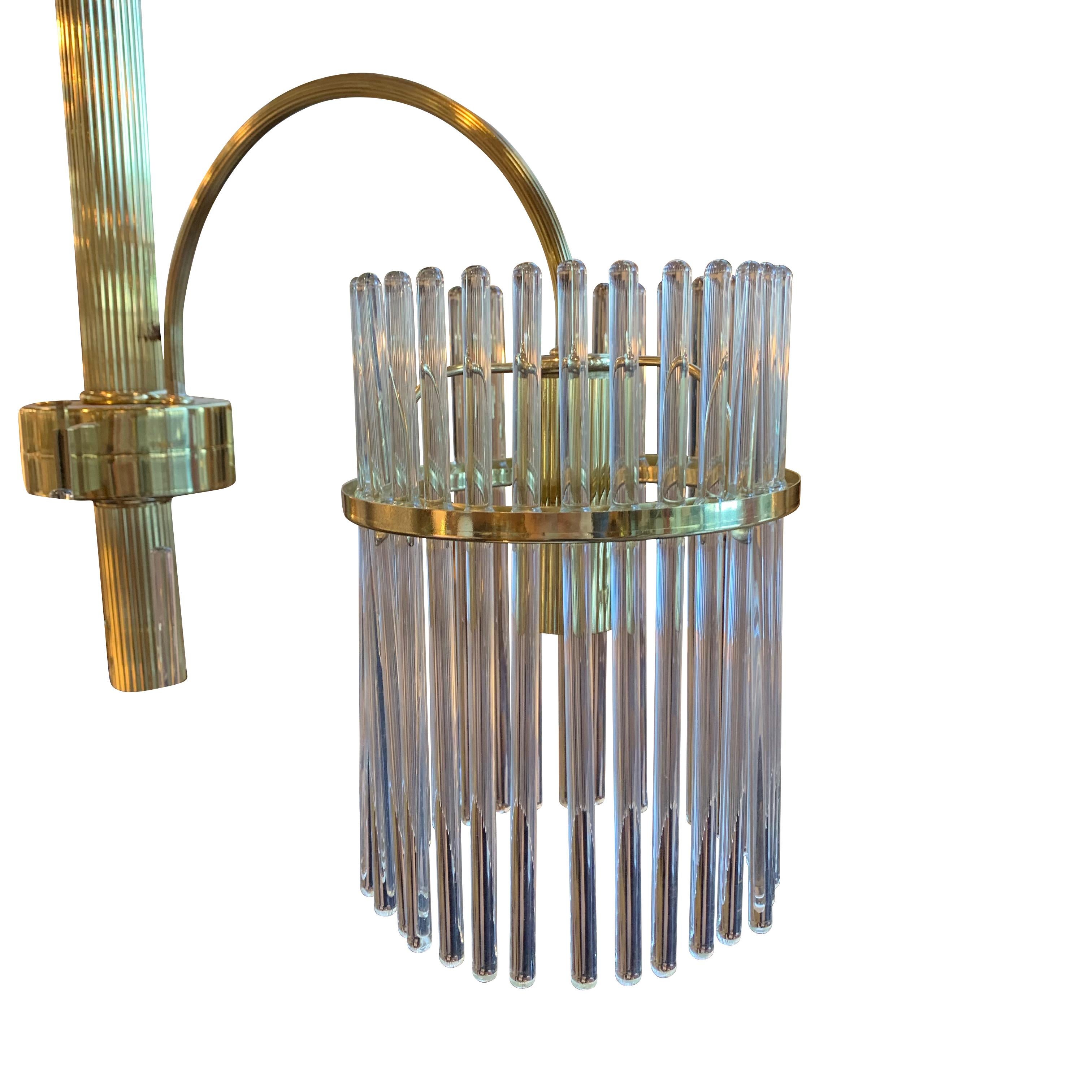 Crystal Rods and Brass Trim Three-Arm Chandelier, Sciolari Design, Italy, 1970s In Good Condition For Sale In New York, NY