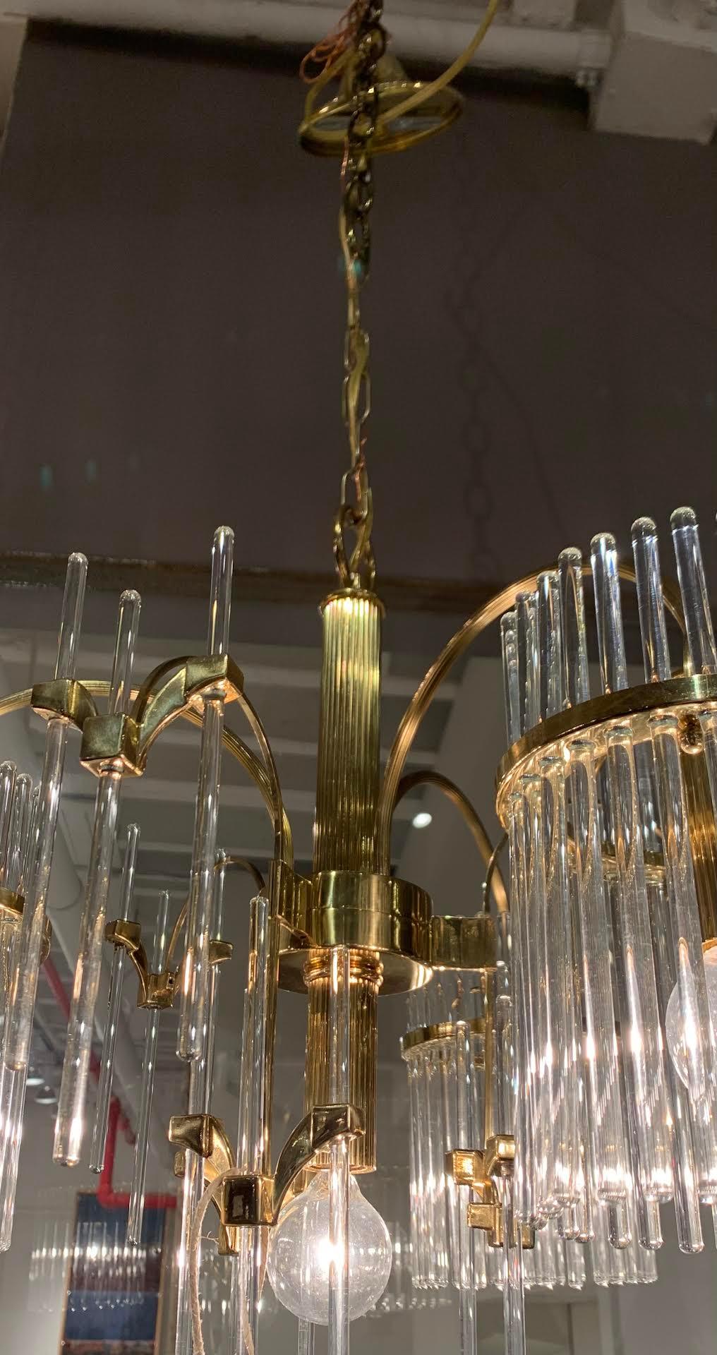 Crystal Rods and Brass Trim Three-Arm Chandelier, Sciolari Design, Italy, 1970s For Sale 1