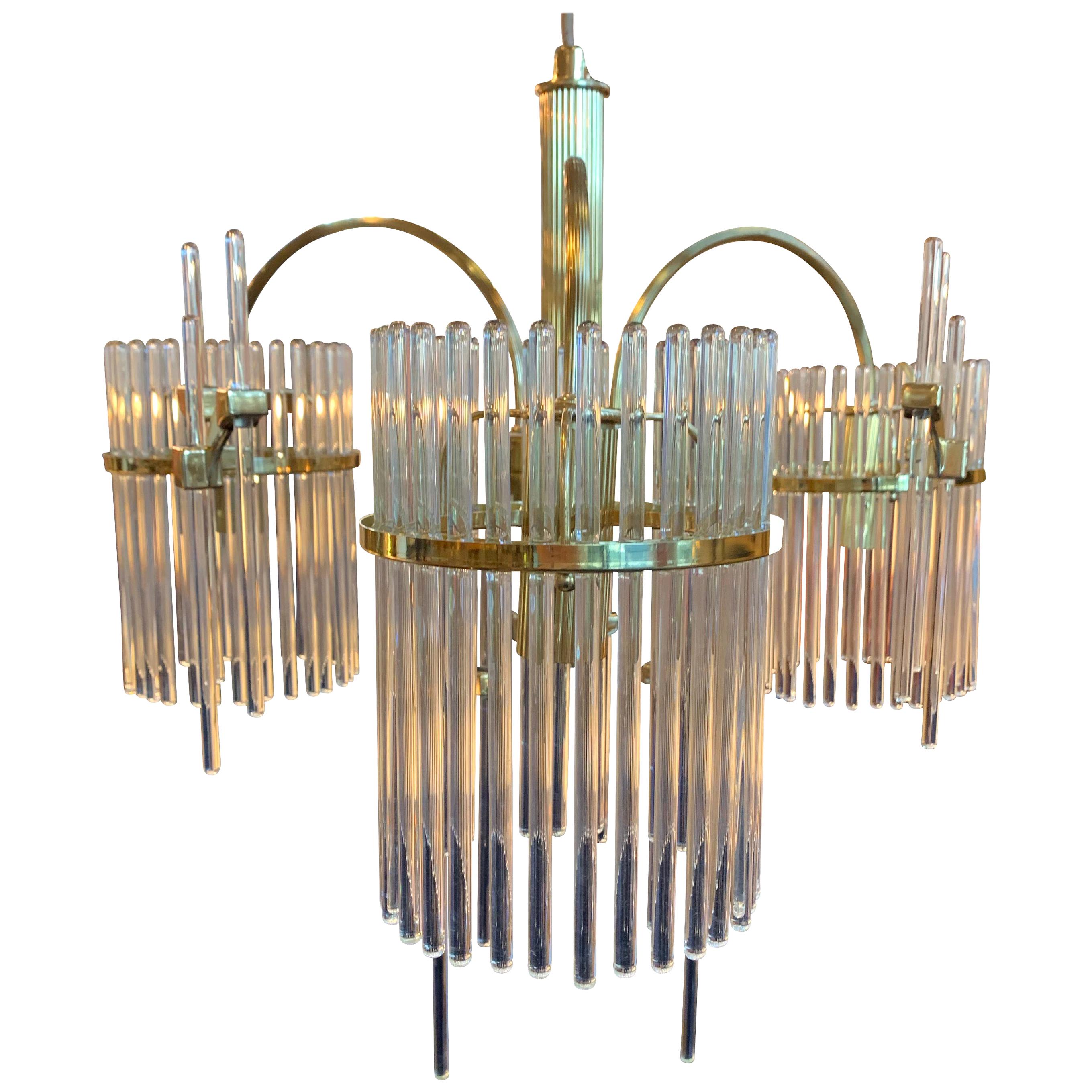 Crystal Rods and Brass Trim Three-Arm Chandelier, Sciolari Design, Italy, 1970s For Sale