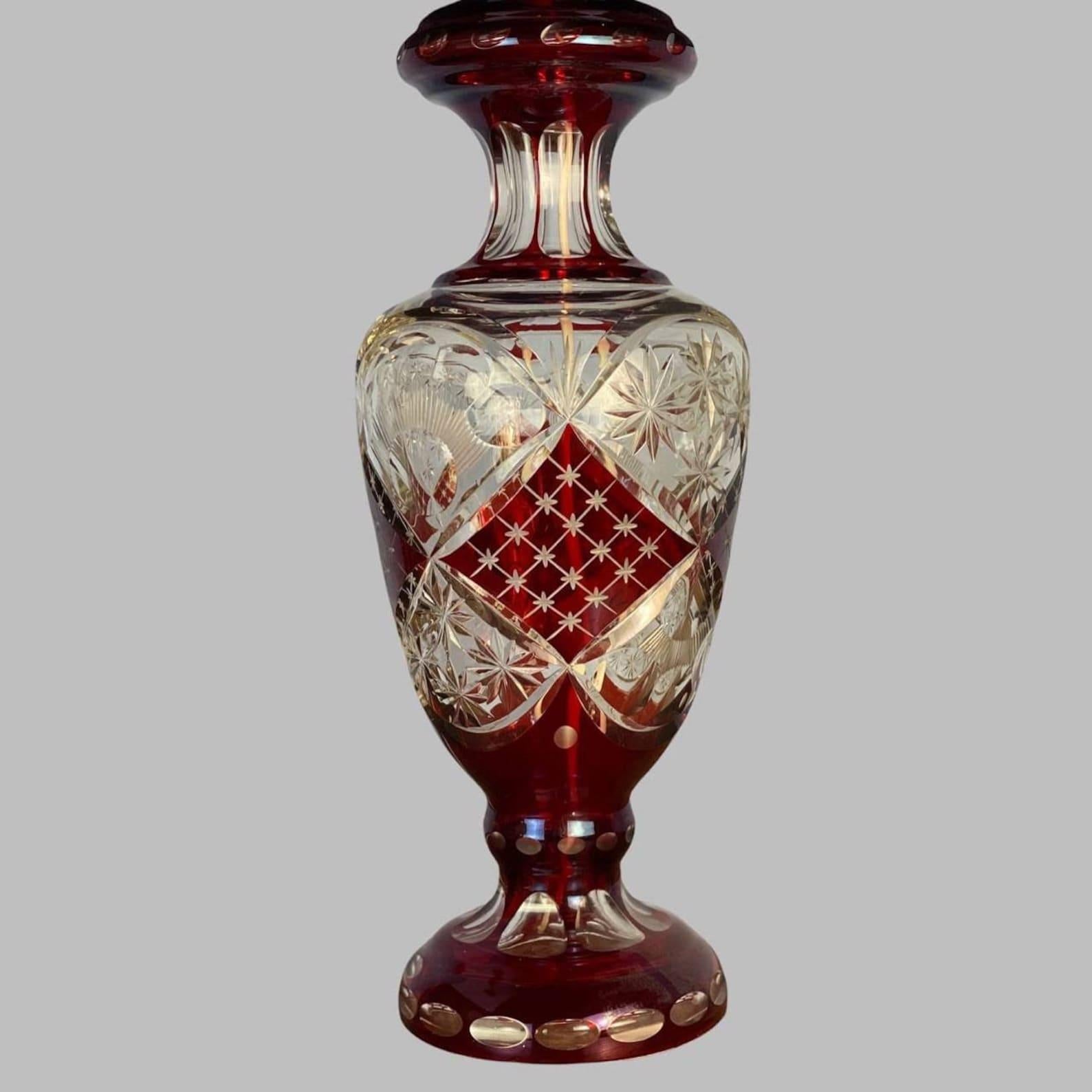 Original Lamp made of  Red Carved  Overhead Crystal, from the world-recognized WORLD TOP - Leader for the production of glass and crystal products, belgian factory VAL SAINT LAMBERT. 

  The base for the lamp made of colored crystal presented to