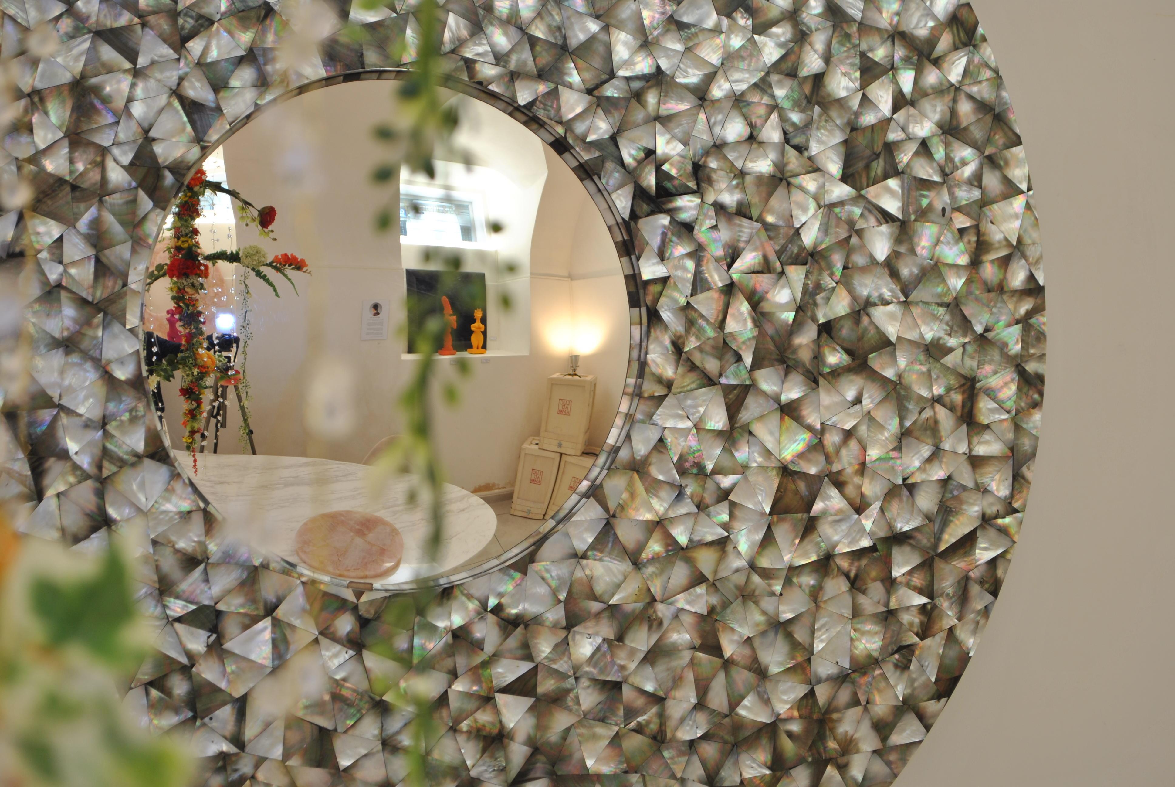 Modern 'Crystal Sea' Large Convex Round Mirror with Black Mother of Pearl Frame For Sale