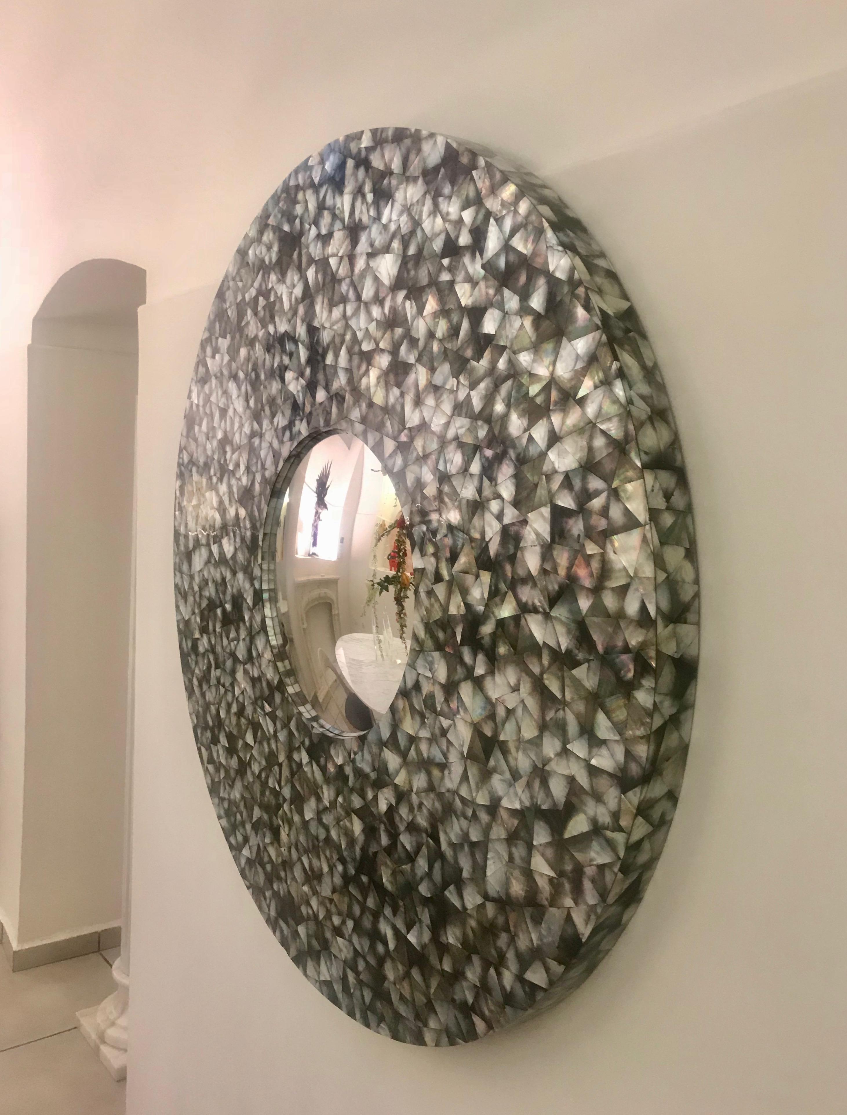 Spanish 'Crystal Sea' Large Convex Round Mirror with Black Mother of Pearl Frame For Sale