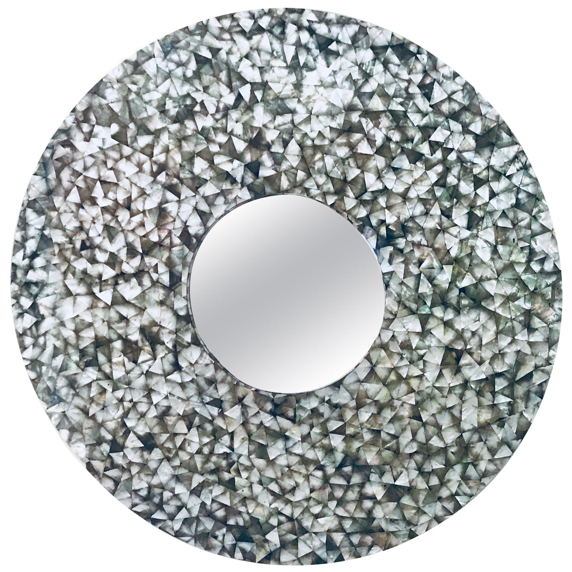 'Crystal Sea' Large Convex Round Mirror with Black Mother of Pearl Frame For Sale
