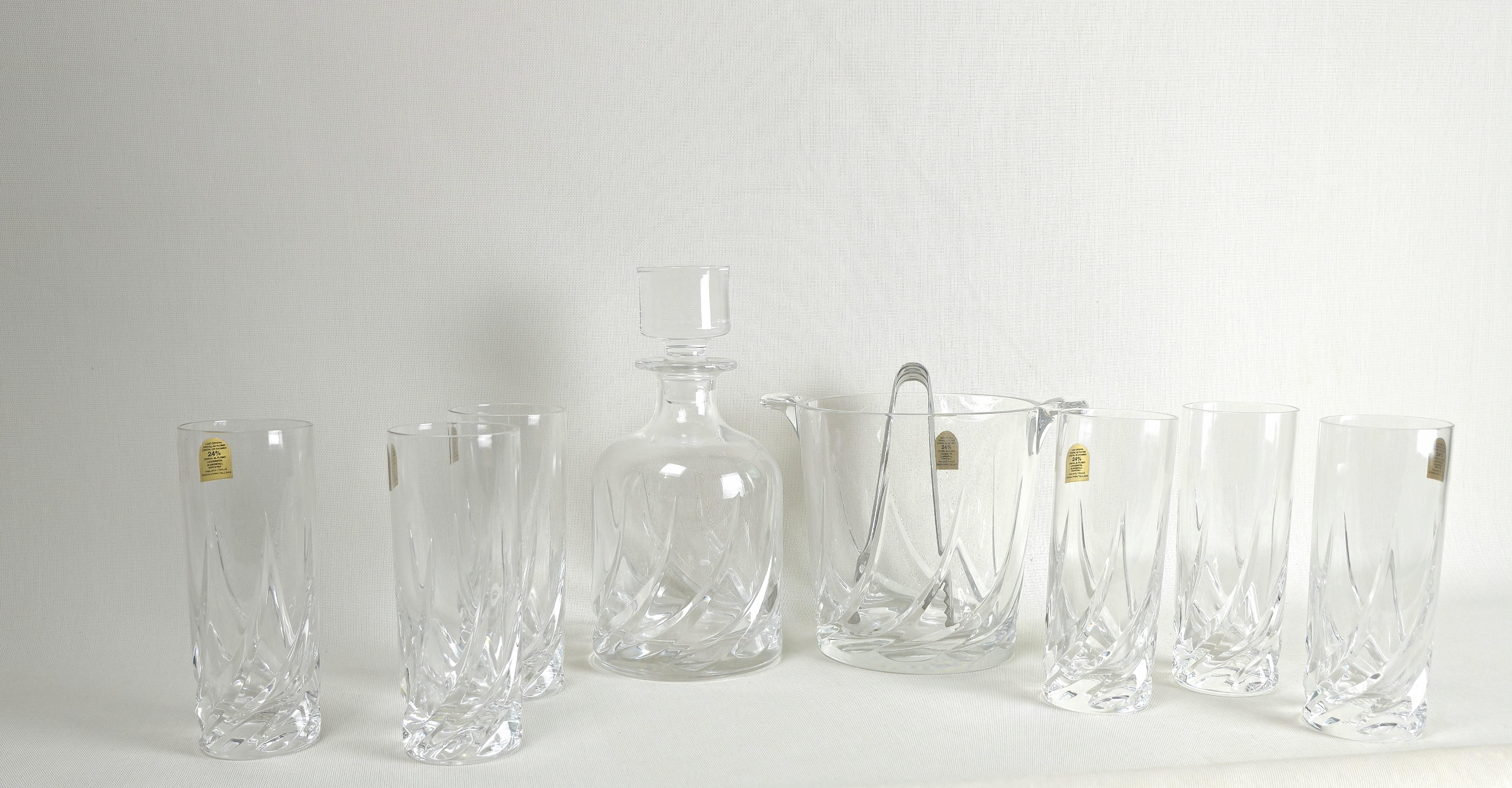 Italian Crystal Serveware Glasses Bottle Ice Bucket Da Vinci Modern Italy 1990s Set of 8 For Sale