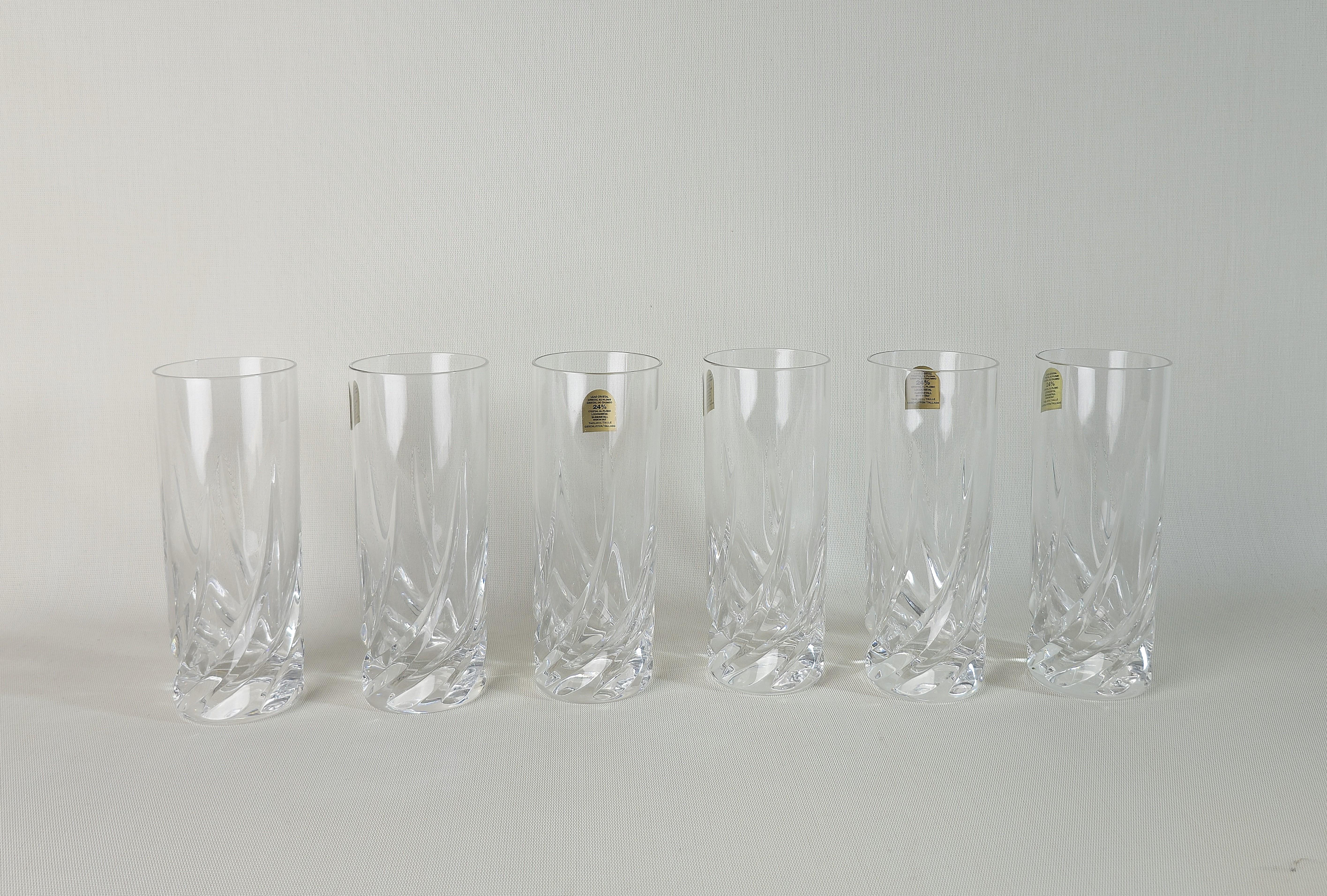Late 20th Century Crystal Serveware Glasses Bottle Ice Bucket Da Vinci Modern Italy 1990s Set of 8 For Sale