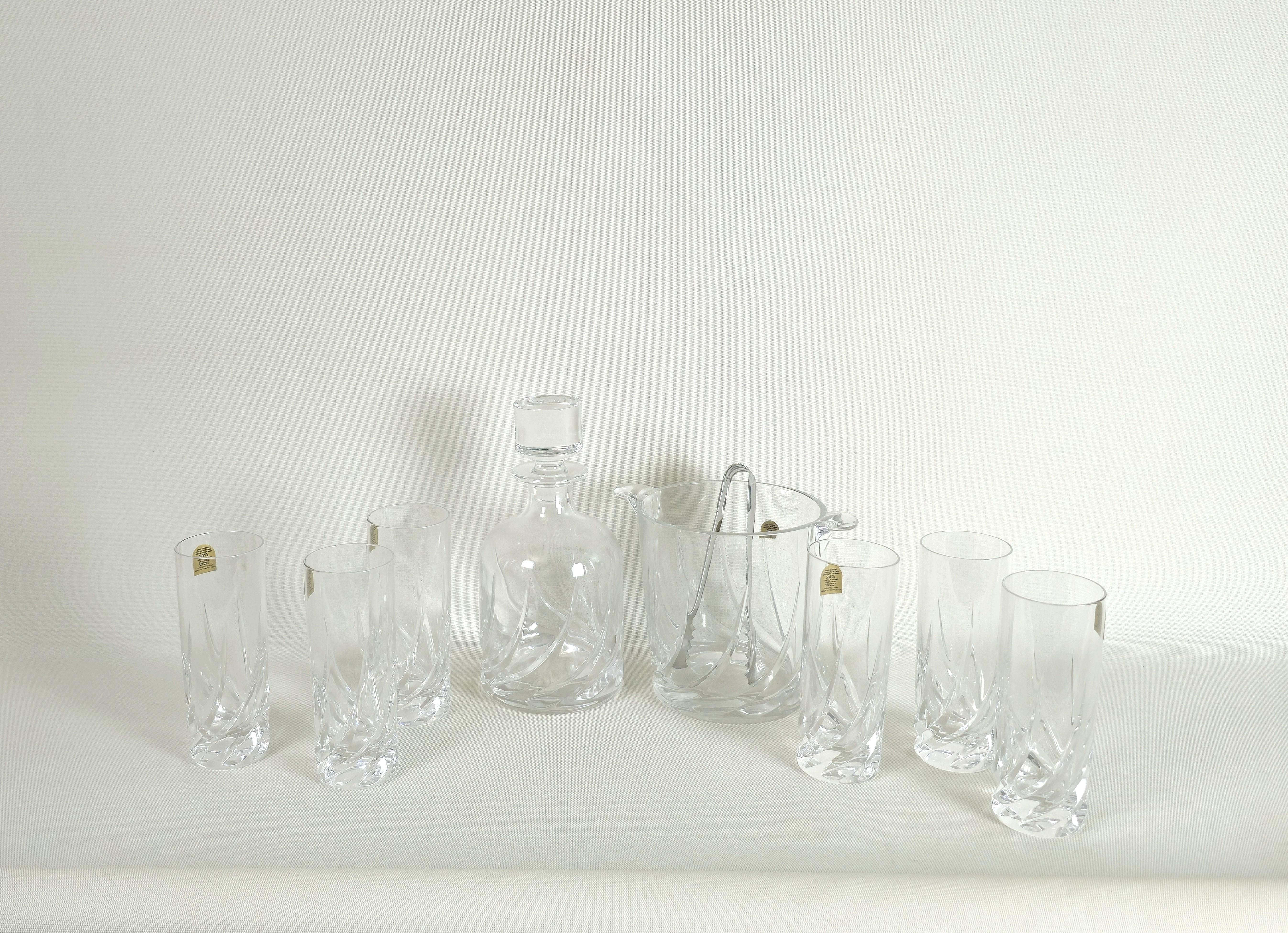 Stainless Steel Crystal Serveware Glasses Bottle Ice Bucket Da Vinci Modern Italy 1990s Set of 8 For Sale