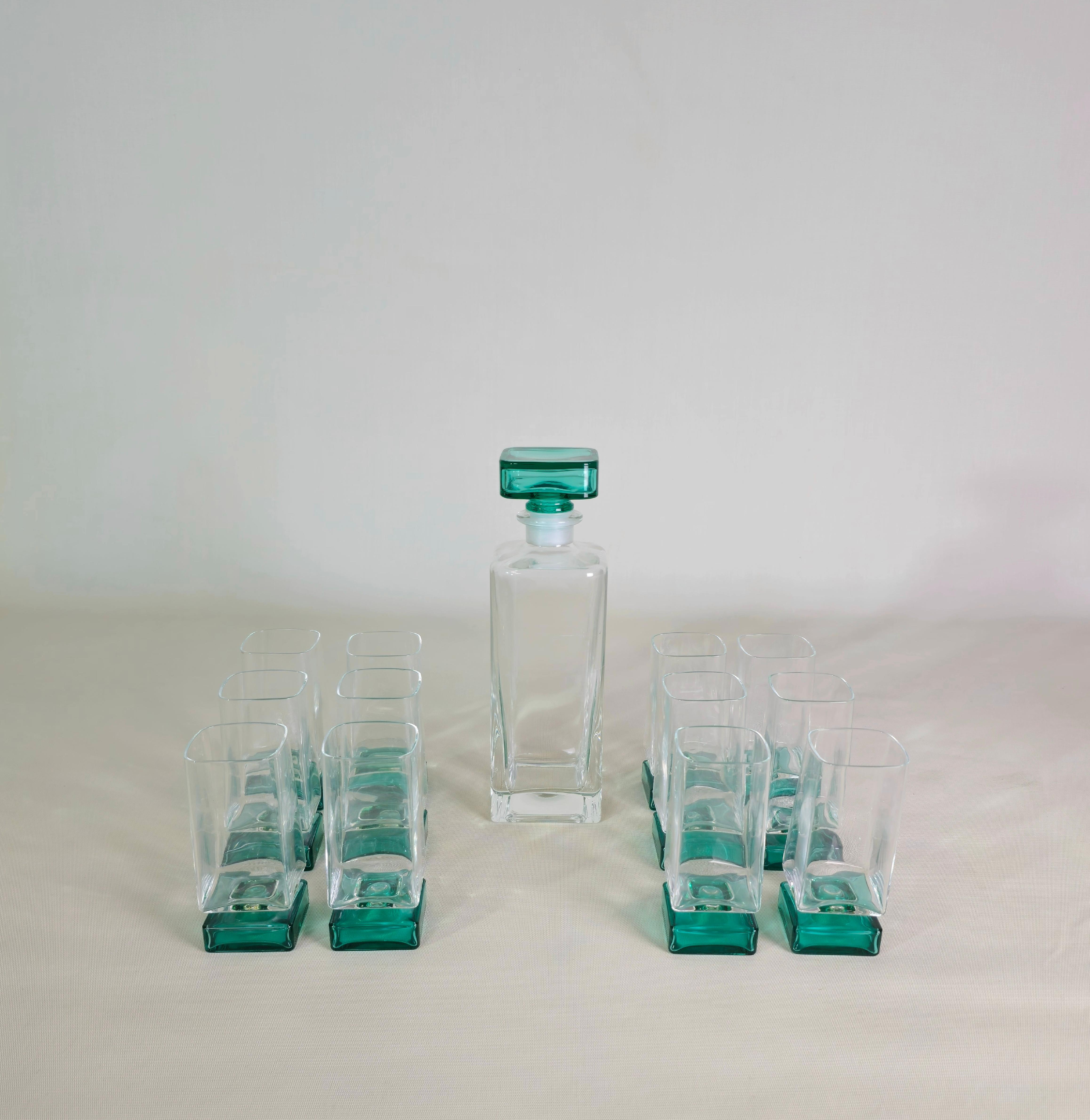 Crystal Serveware Glasses Bottle Transparent Green Modern Italy 1990s Set of 13 For Sale 2